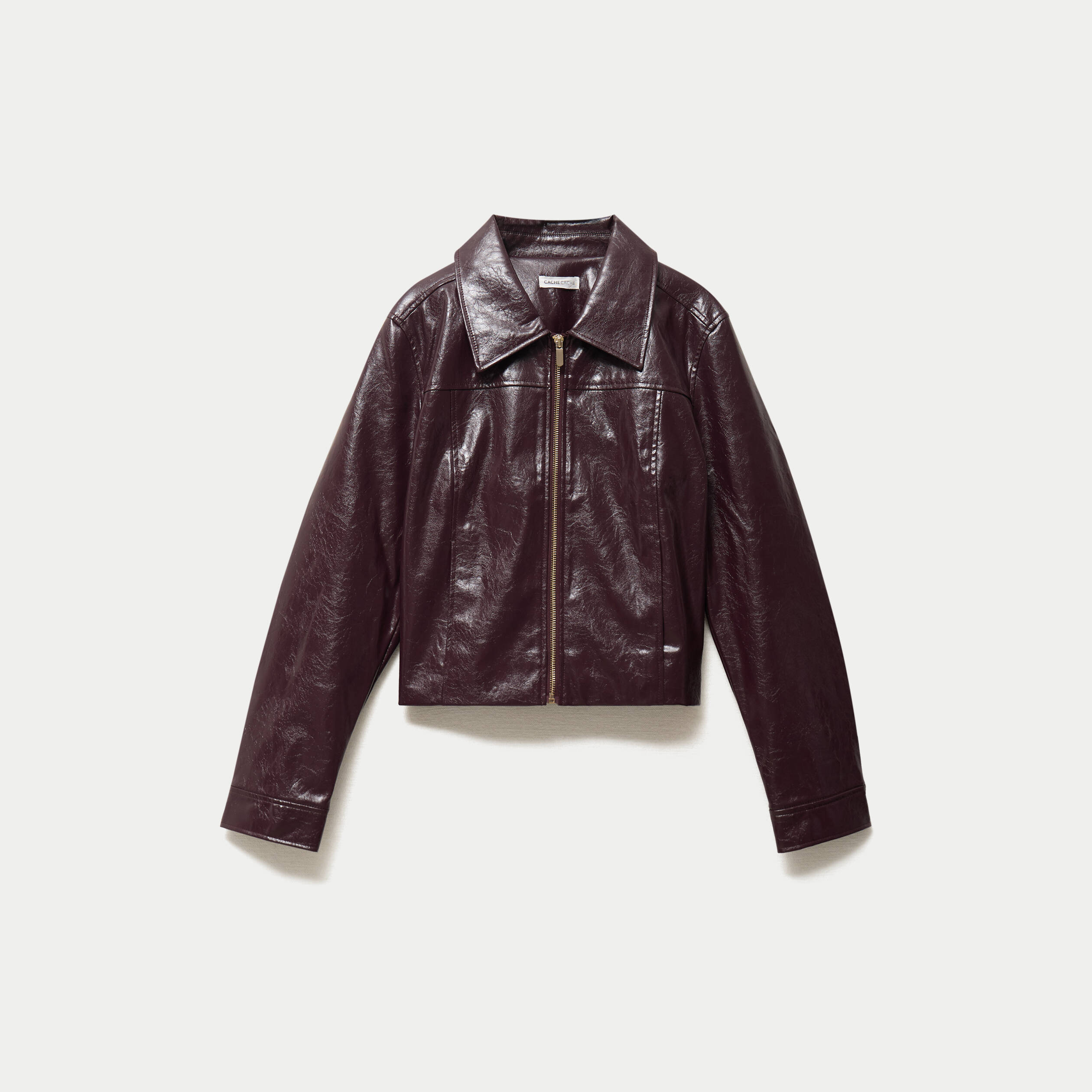 Veste droite cropped en similicuir violet fonc&eacute; femme