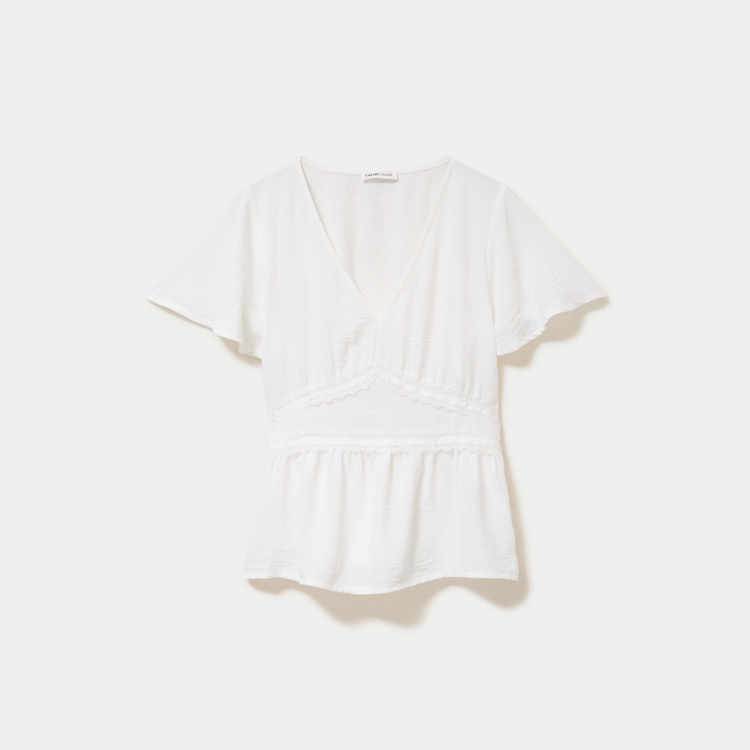 Blouse droite col v manches courtes ecru femme