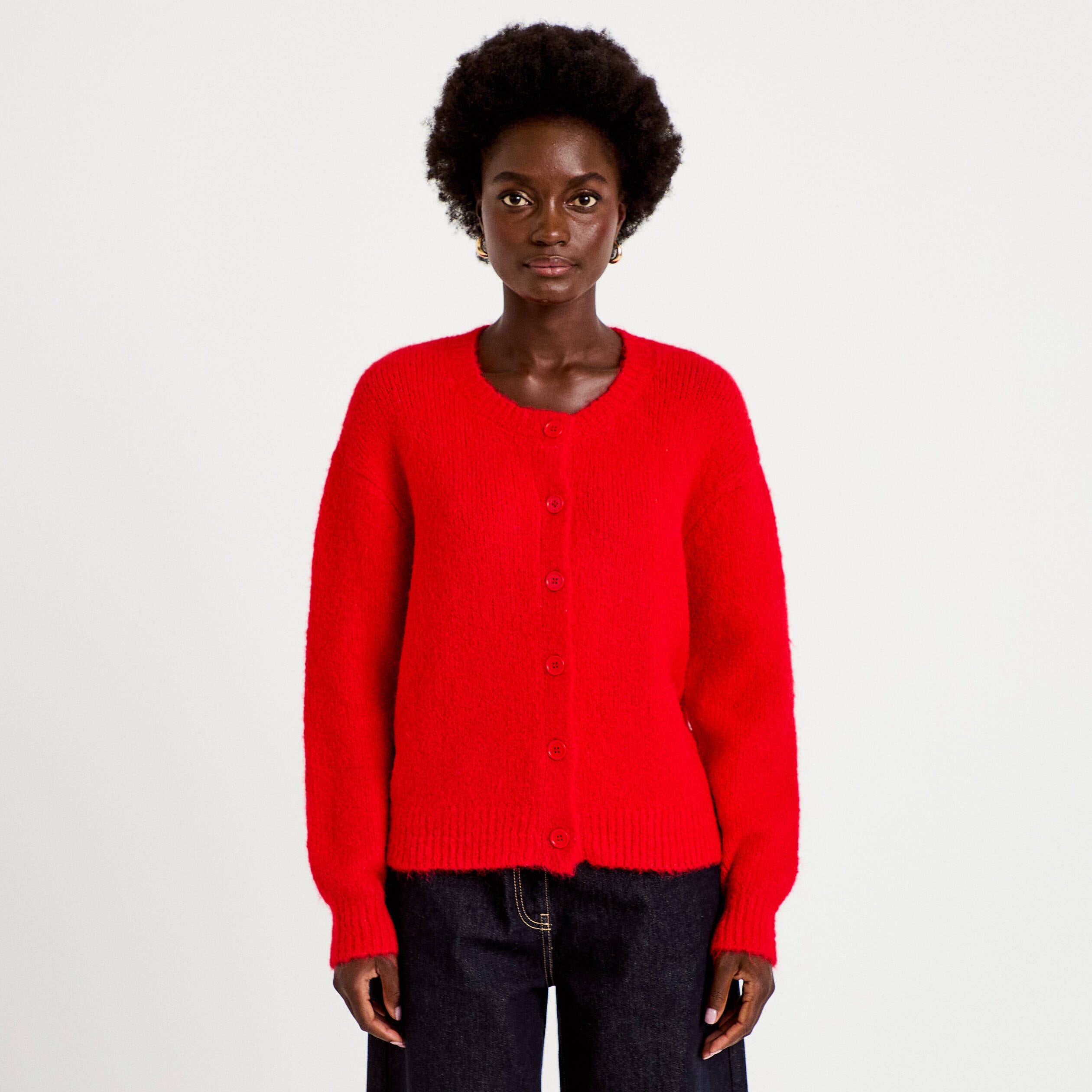 Gilet ample col rond manches longues rouge femme