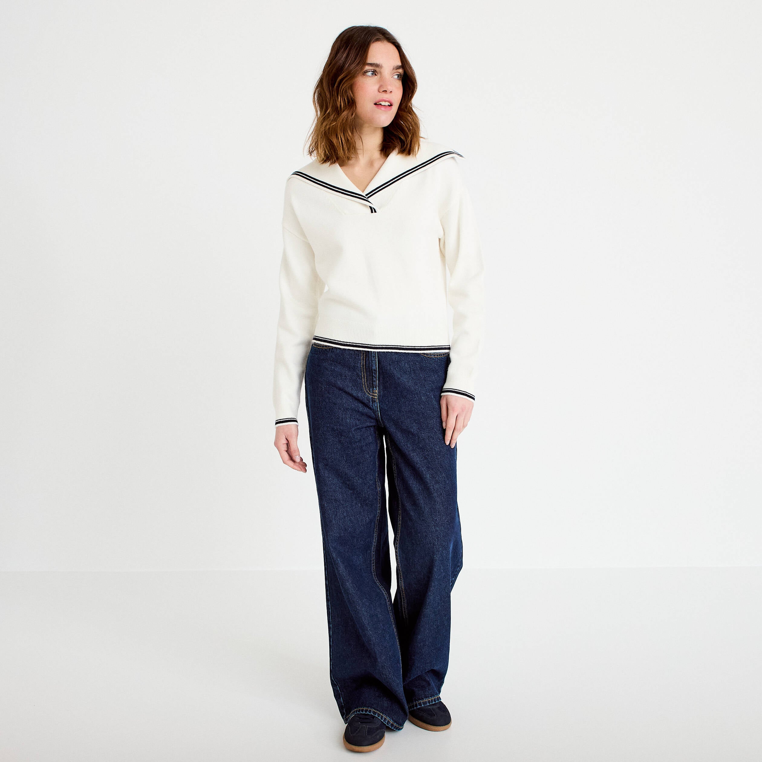 Pull col marin manches longues ecru femme