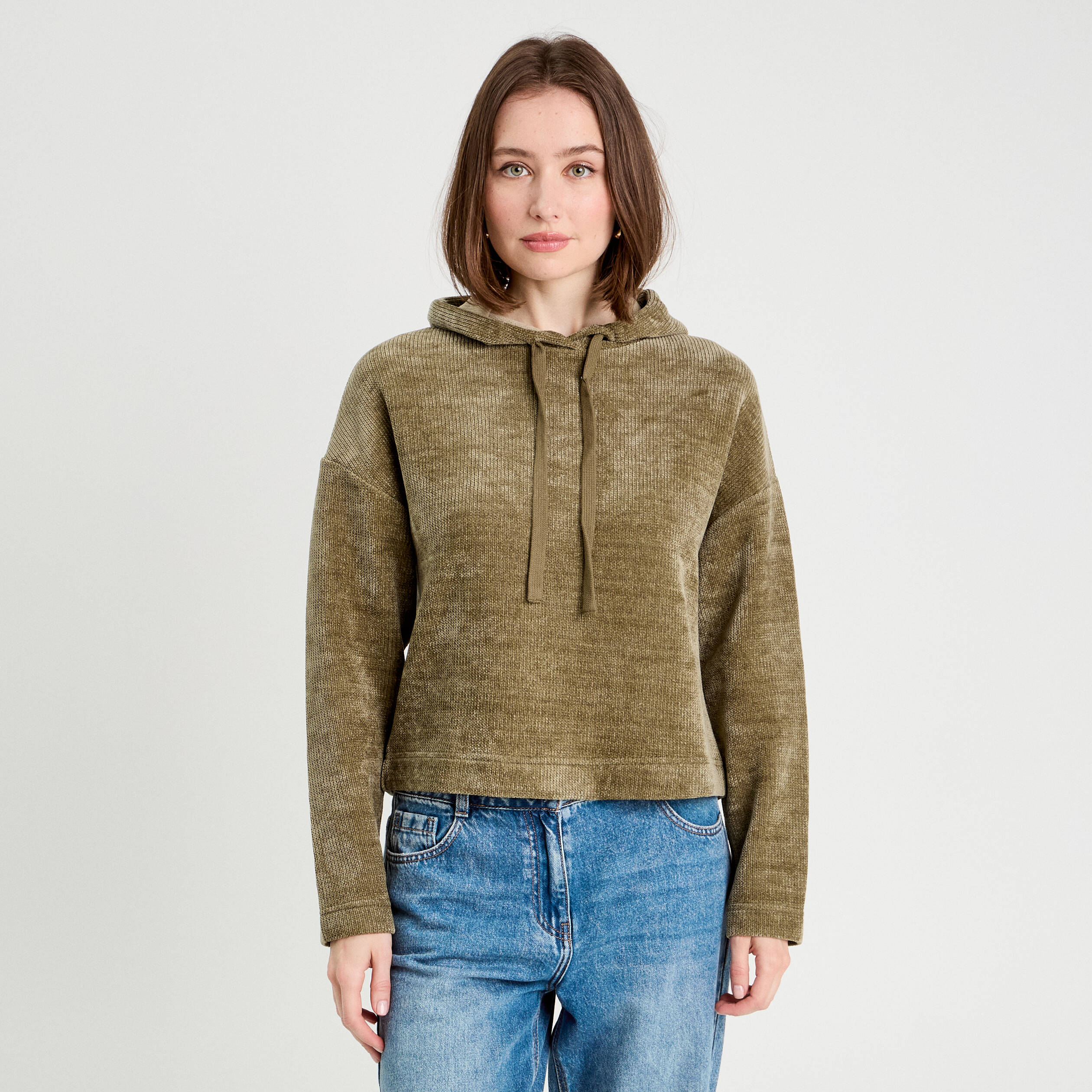 Sweat &agrave; capuche vert kaki femme