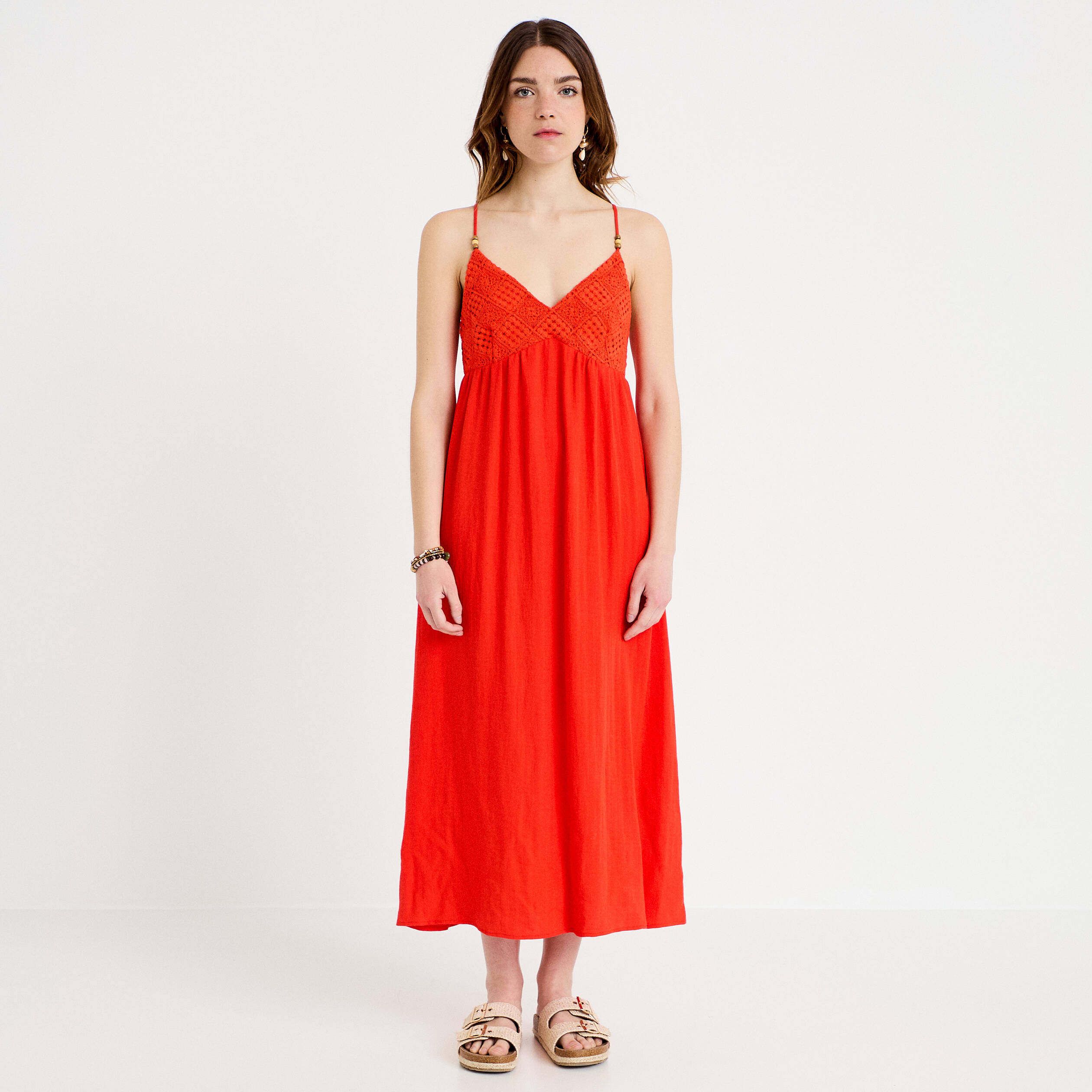 Robe bi-mati&egrave;re col v bretelles fines orange fonc&eacute; femme