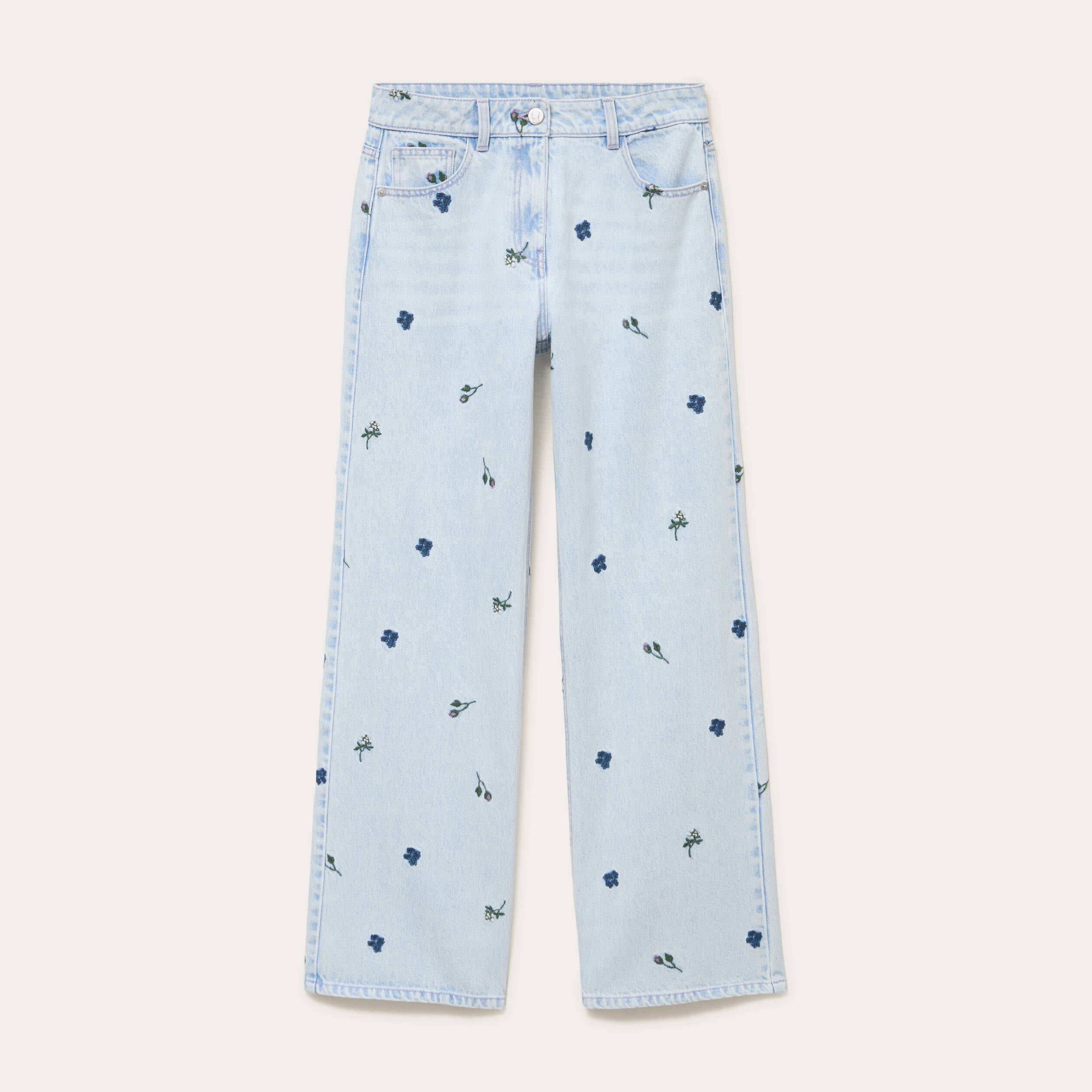 Jean wide leg brod&eacute; Bridgerton bleu clair femme