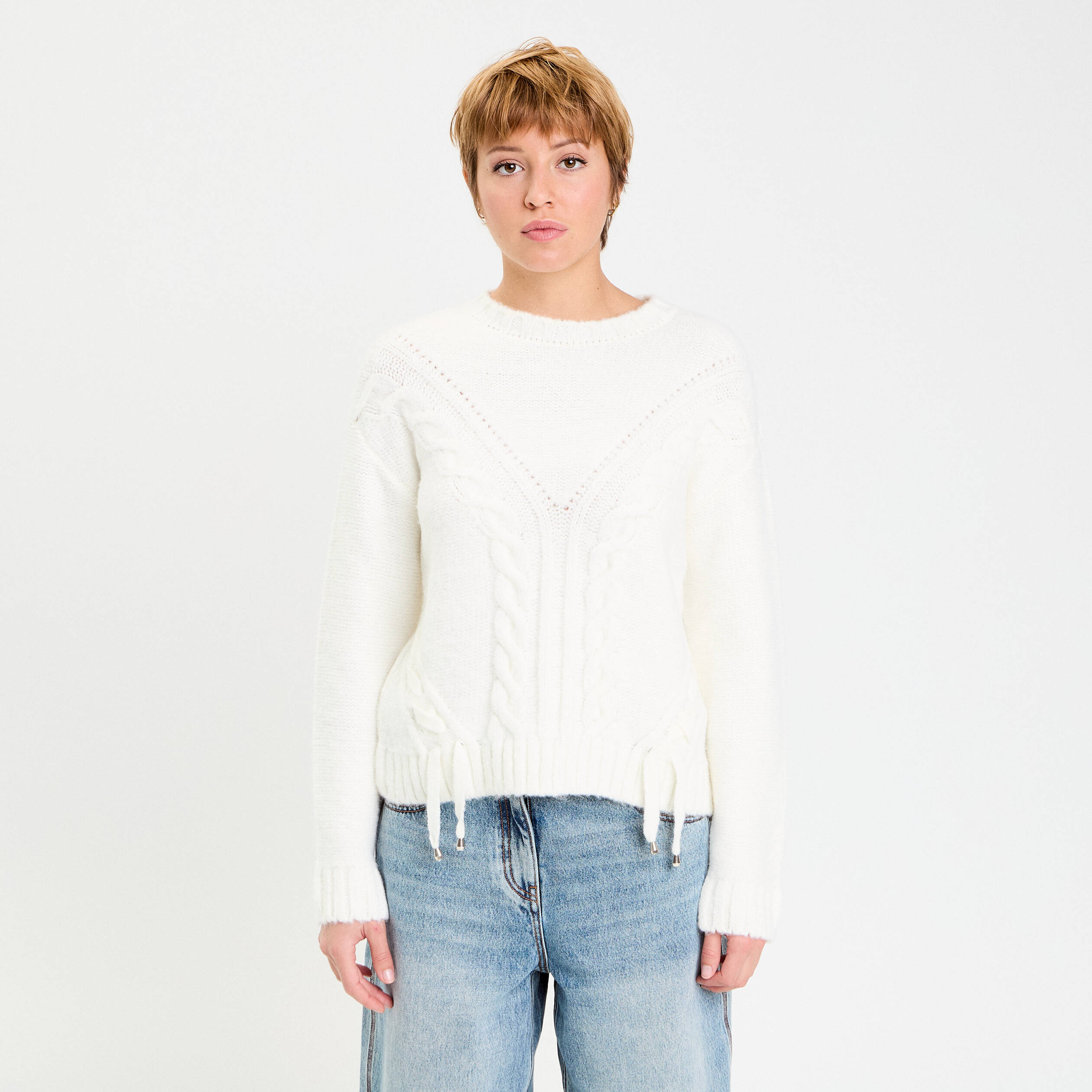 Pull &agrave; torsades ecru femme