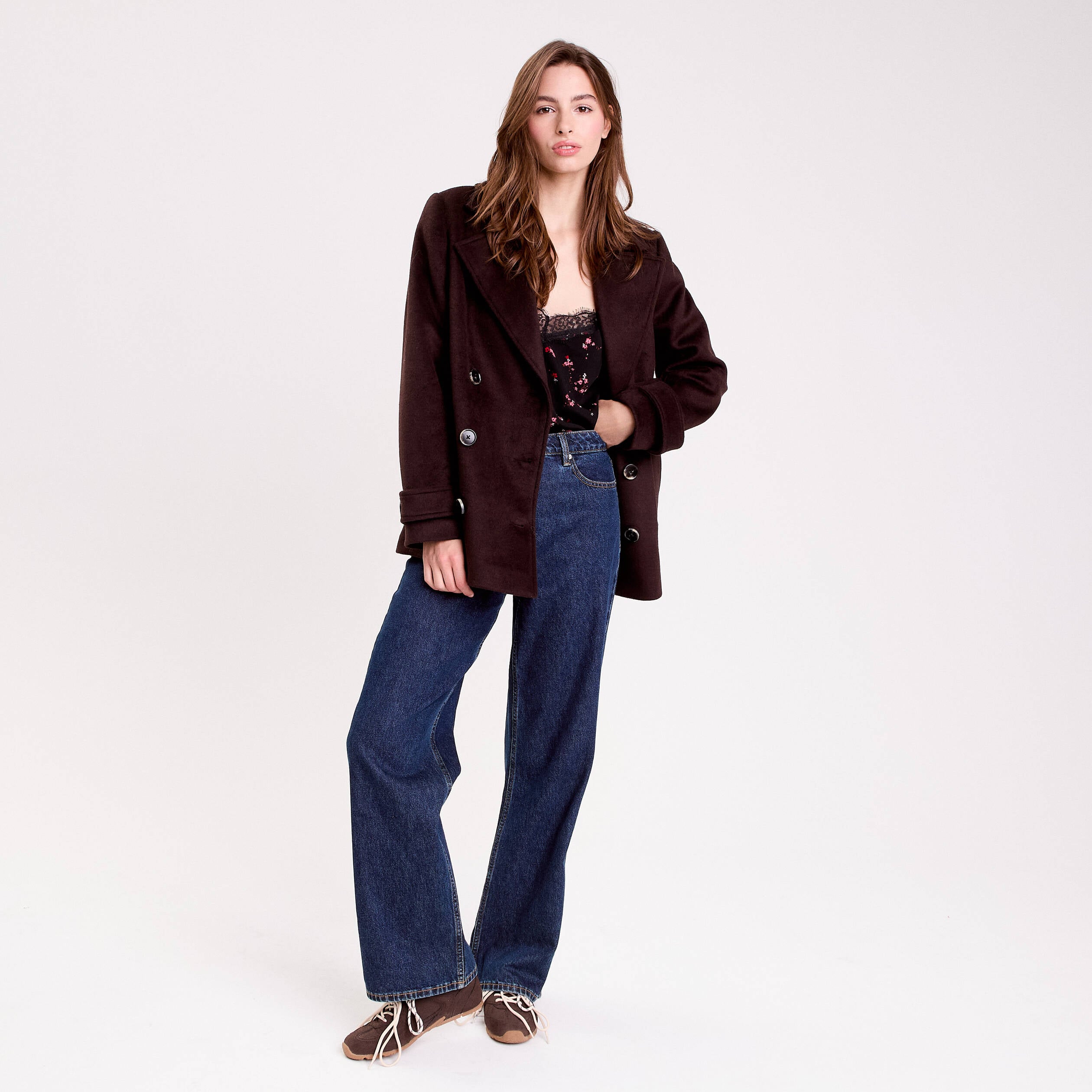 Caban col tailleur manches longues marron fonc&eacute; femme