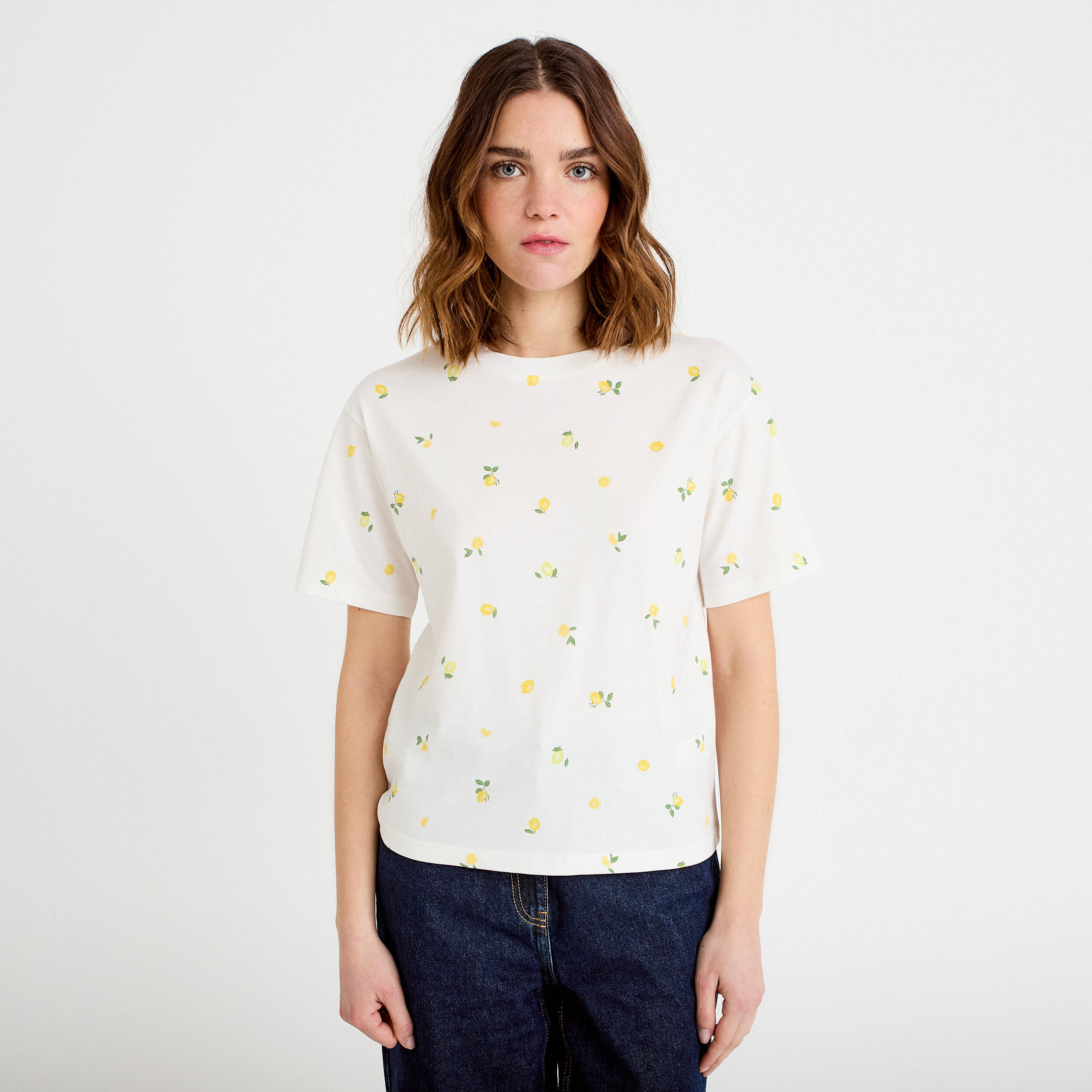 T-shirt &agrave; motif manches courtes blanc femme