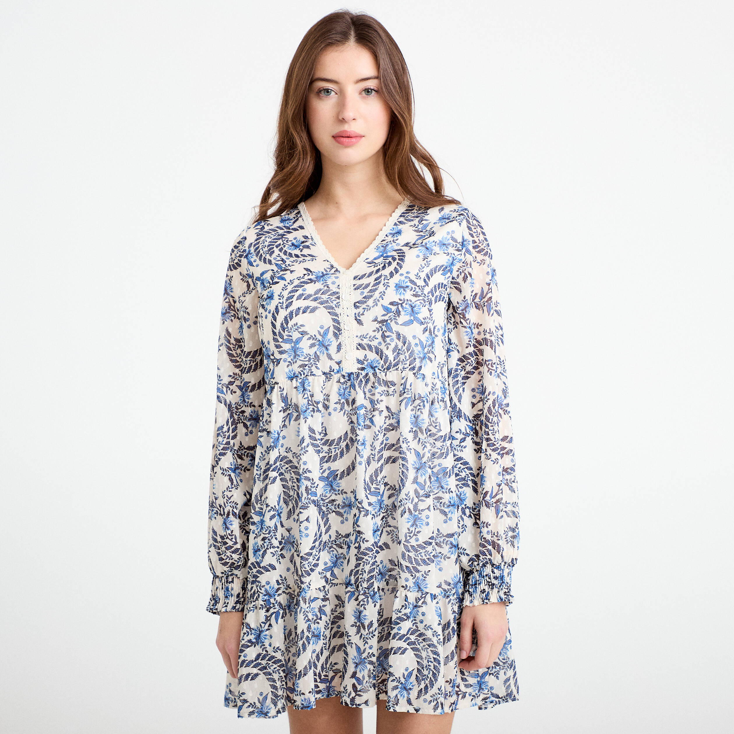 Robe droite col v manches longues blanc femme