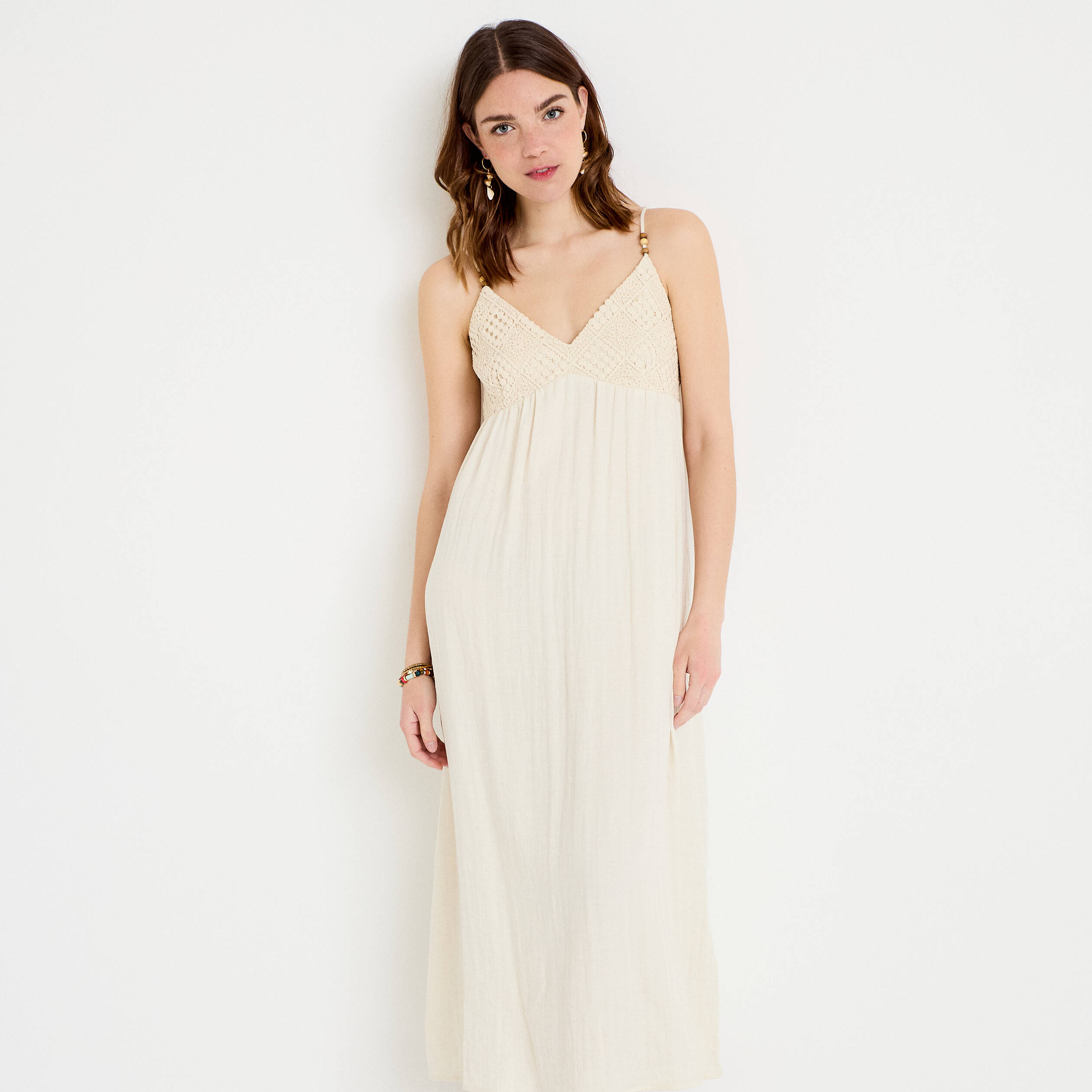 Robe bi-mati&egrave;re col v bretelles fines ecru femme