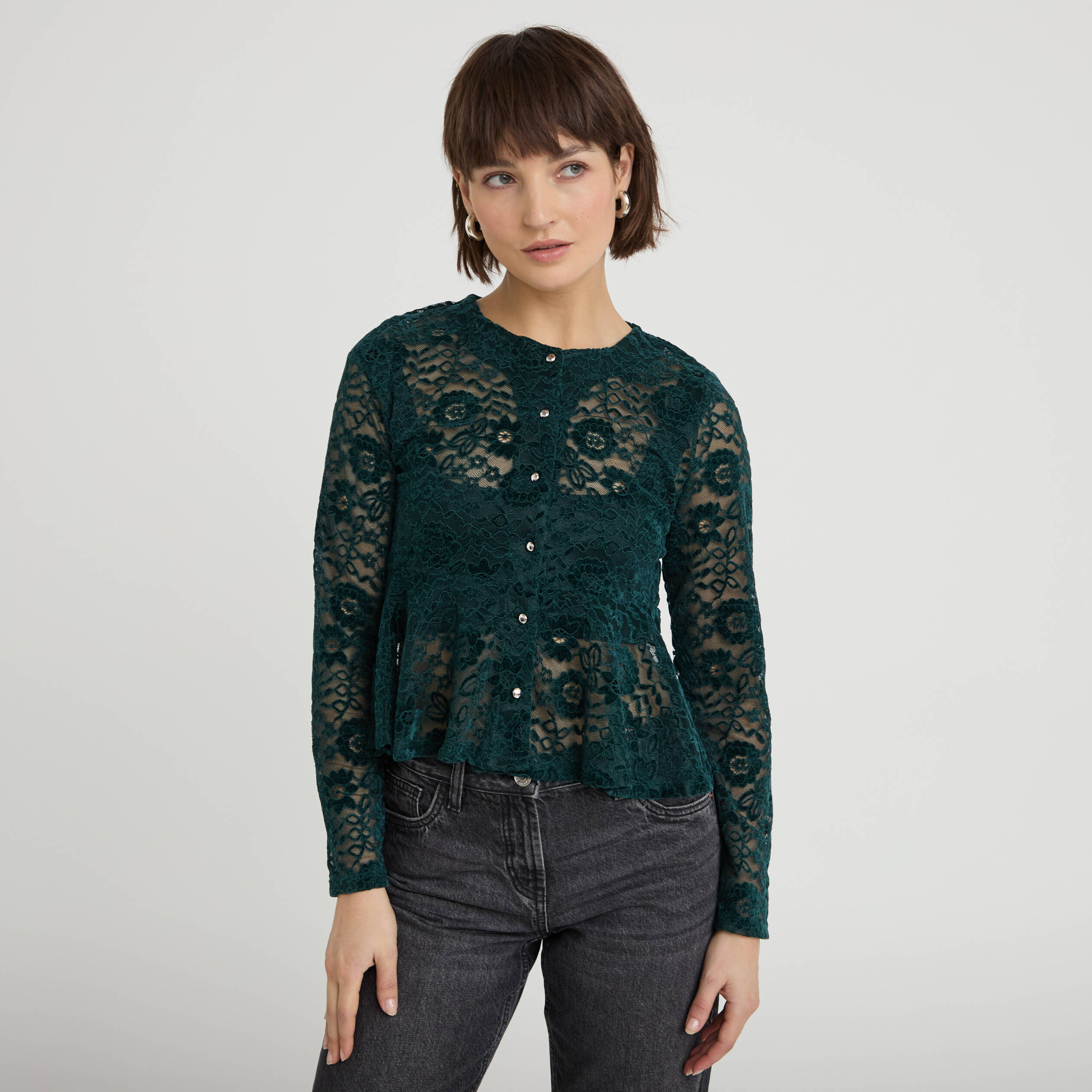 Blouse p&eacute;plum dentelle vert fonc&eacute; femme