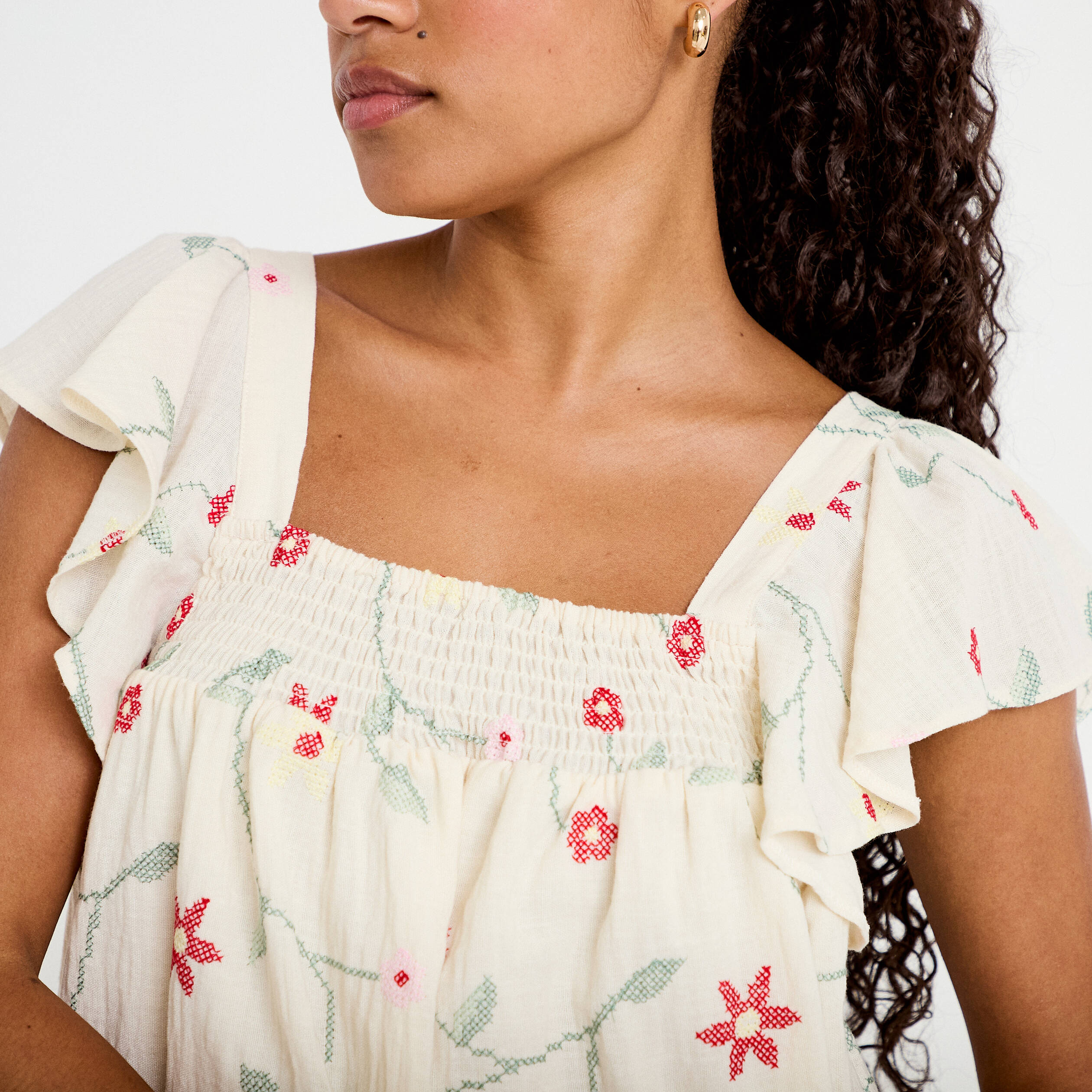 Robe courte &eacute;vas&eacute;e brod&eacute;e blanc femme