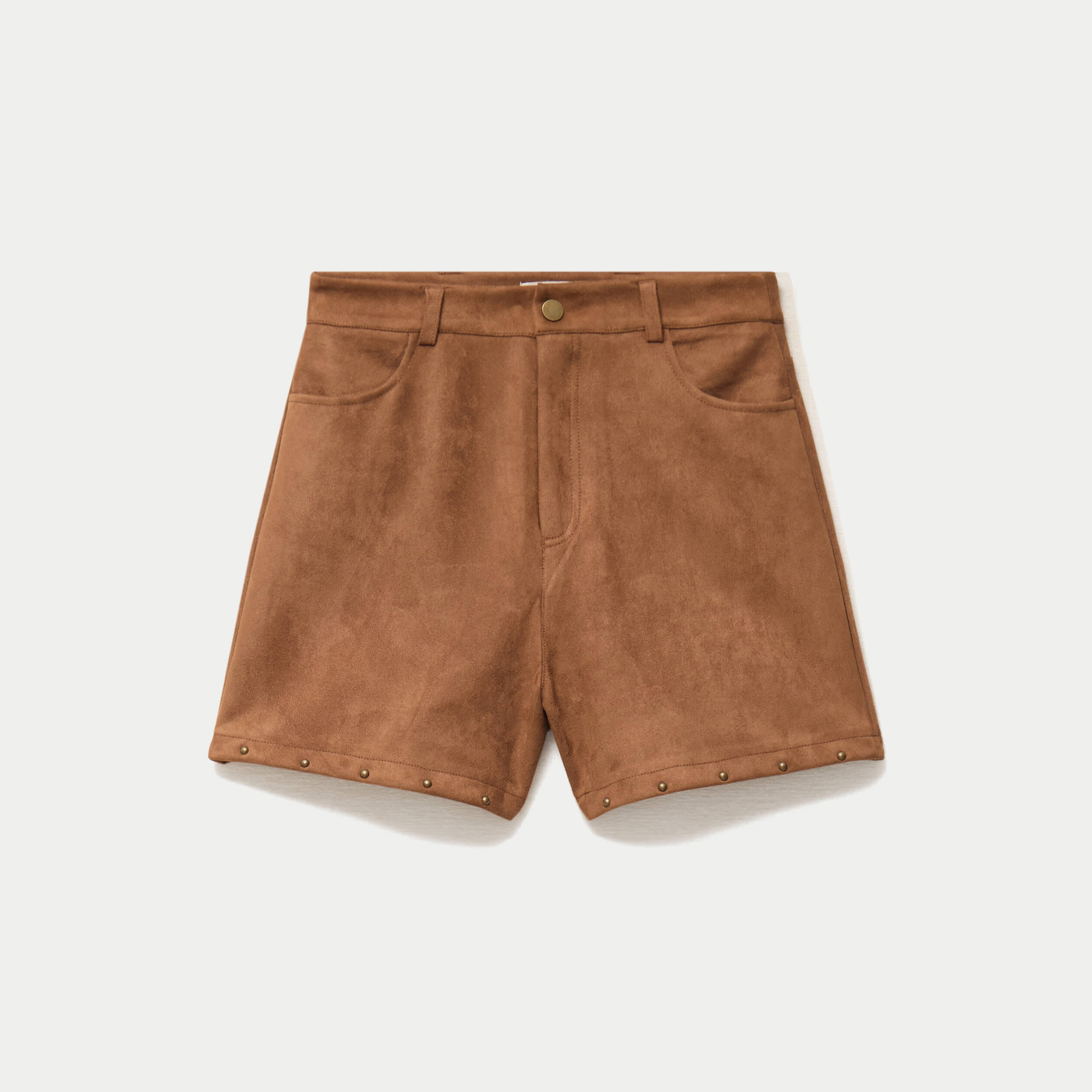 Short taille haute aspect daim clout&eacute; camel femme
