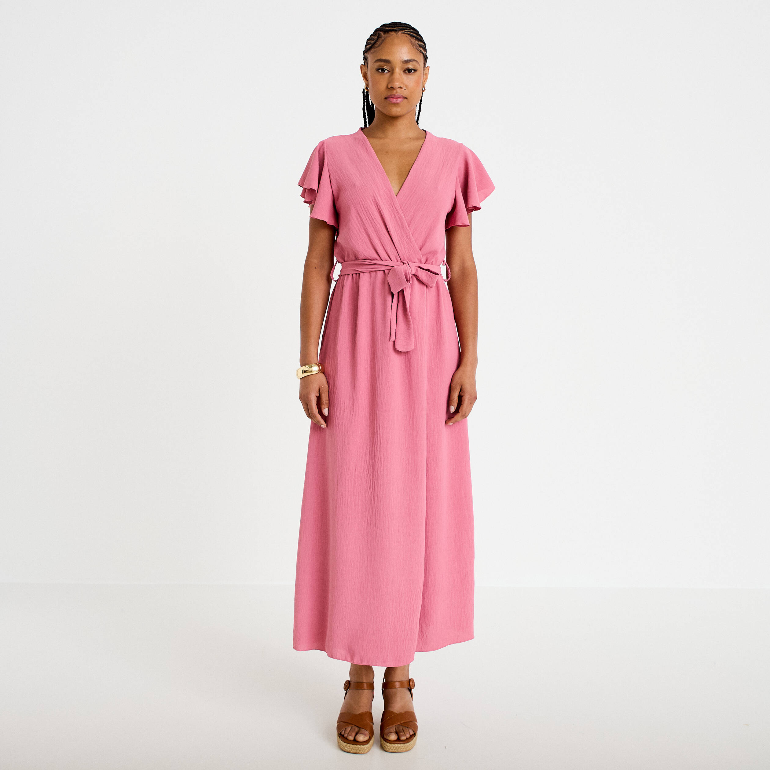 Robe longue &eacute;vas&eacute;e manches courtes vieux rose femme