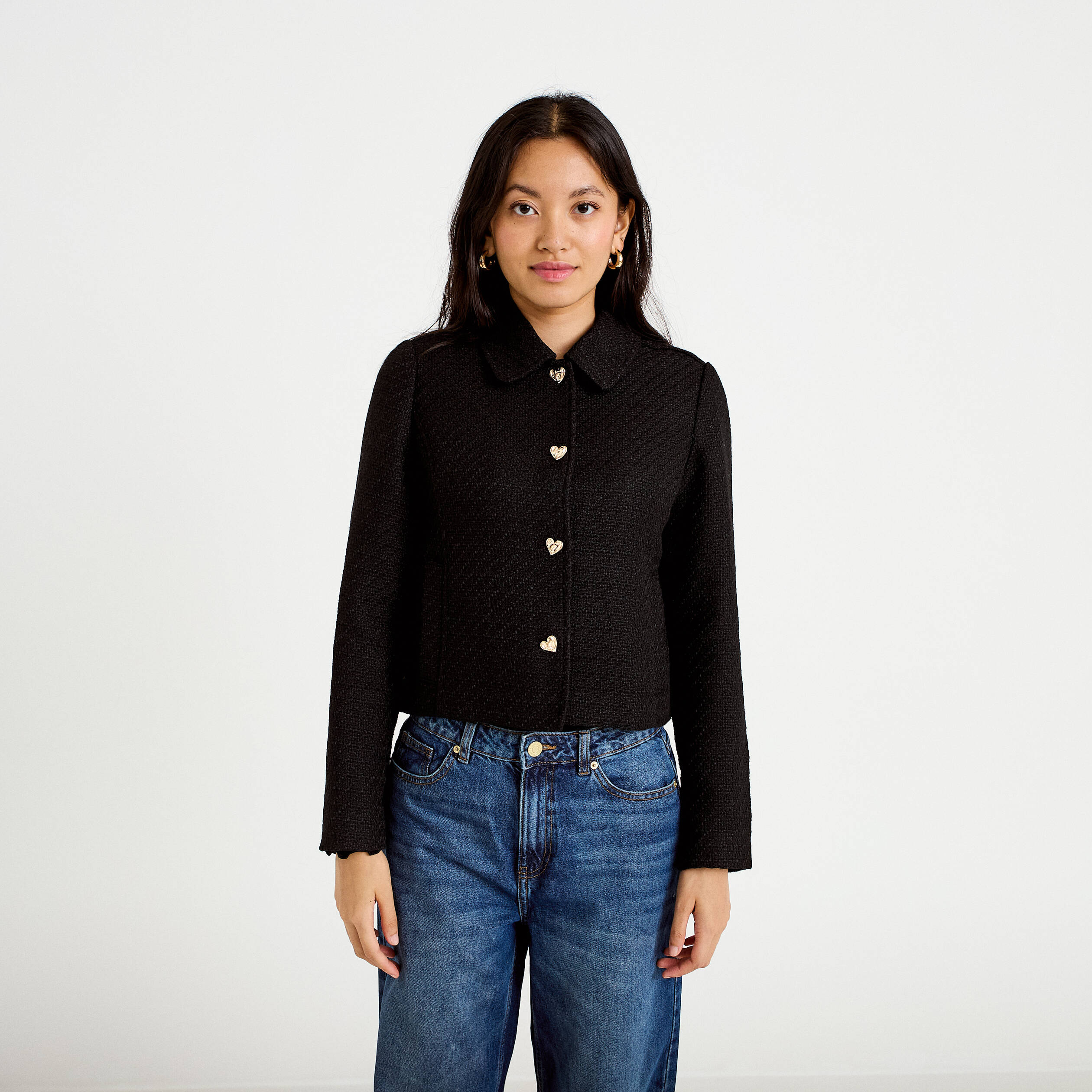 Veste droite en tweed col classique noir femme