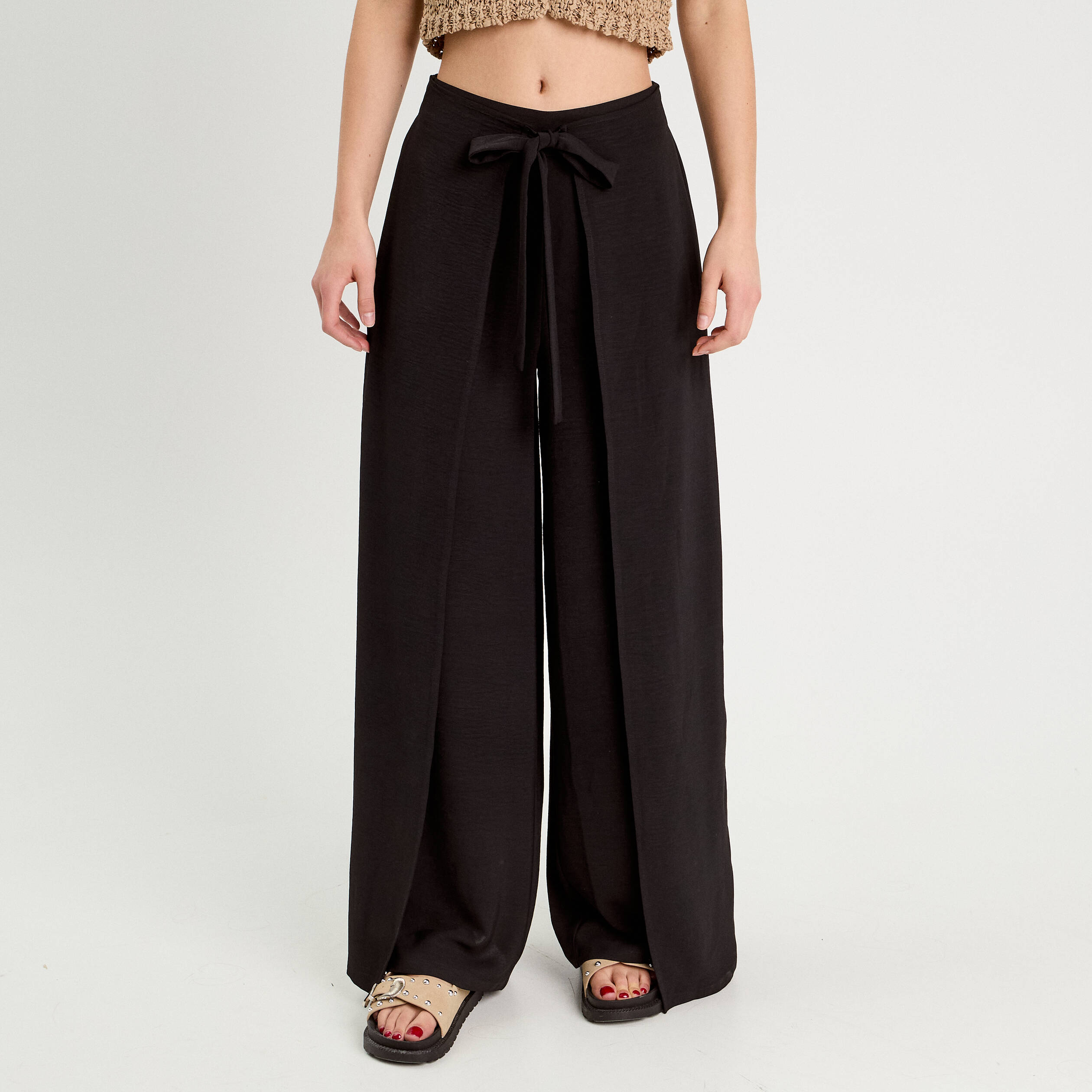 Pantalon large taille haute fluide noir femme