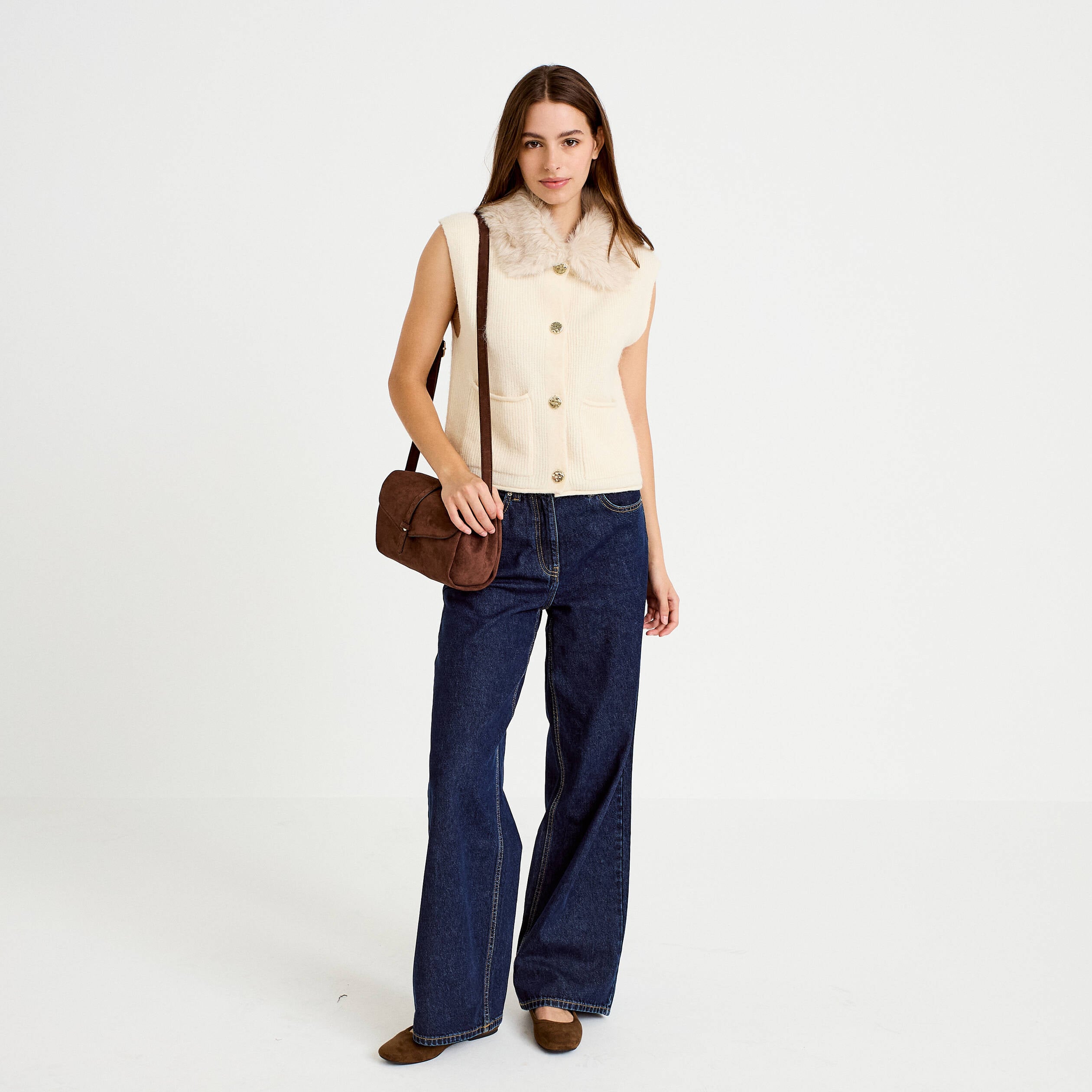 Gilet manches courtes fausse fourrure ecru femme