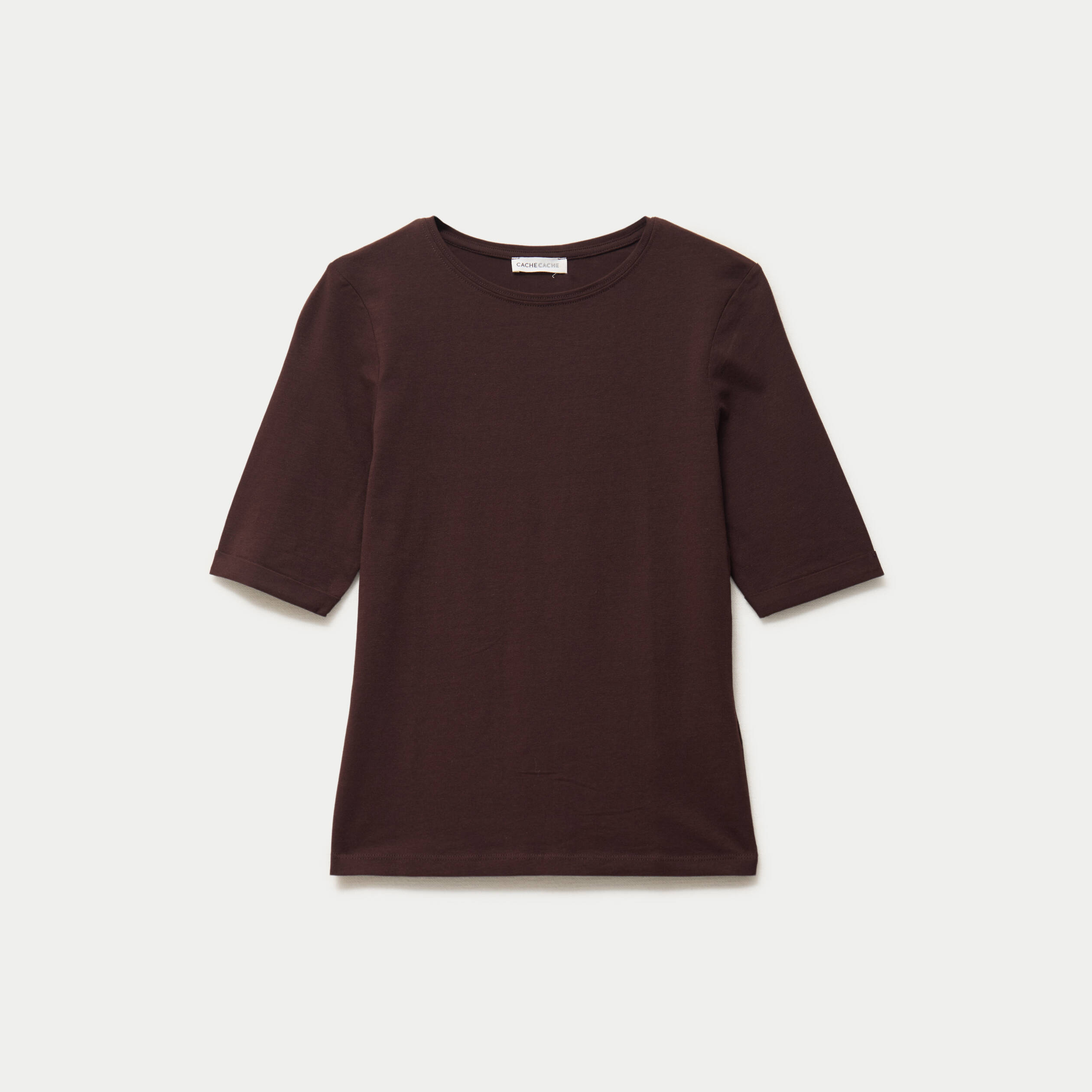 T-shirt ajust&eacute; col rond manches courtes marron fonc&eacute; femme