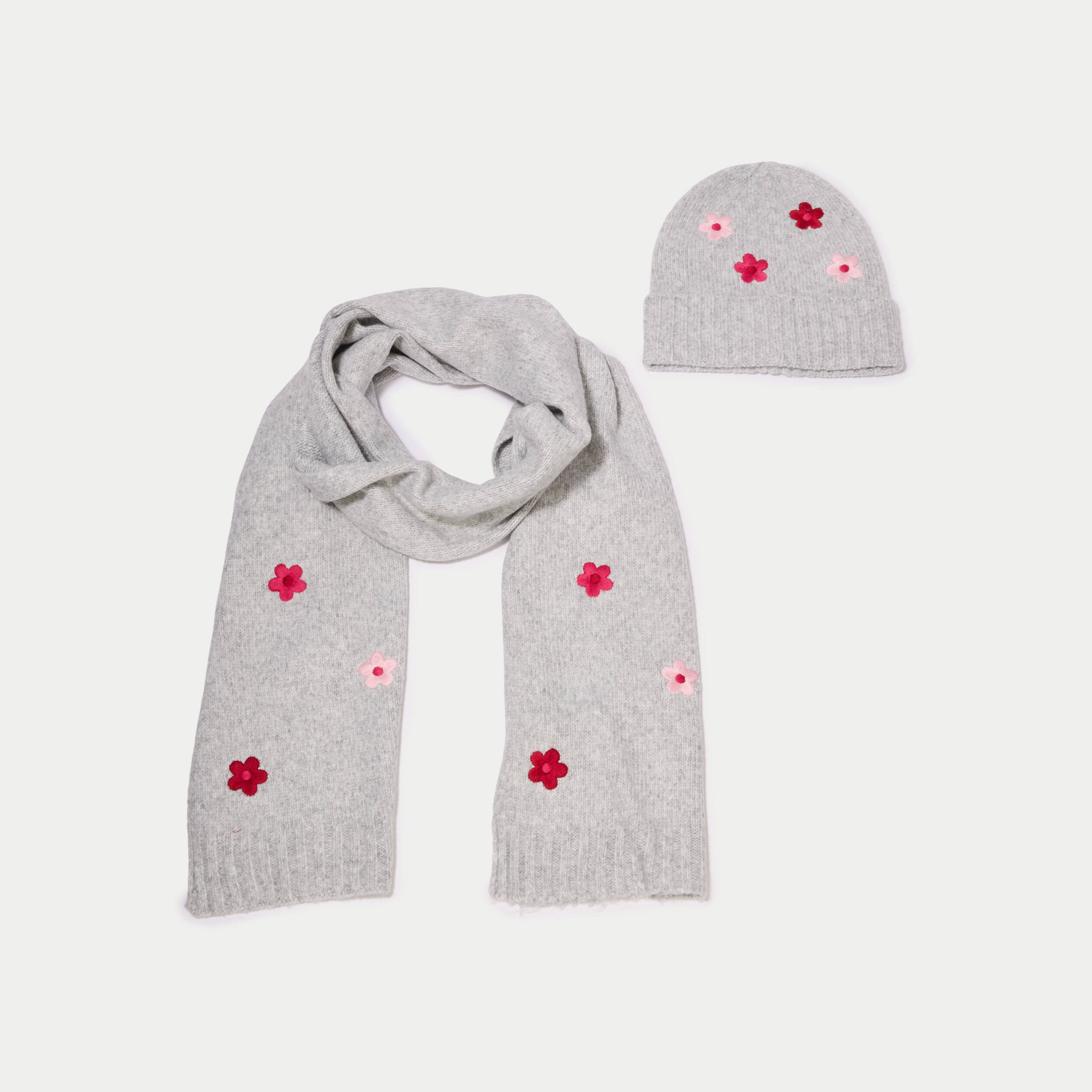 Lot &eacute;charpe bonnet avec broderie gris fonc&eacute; femme