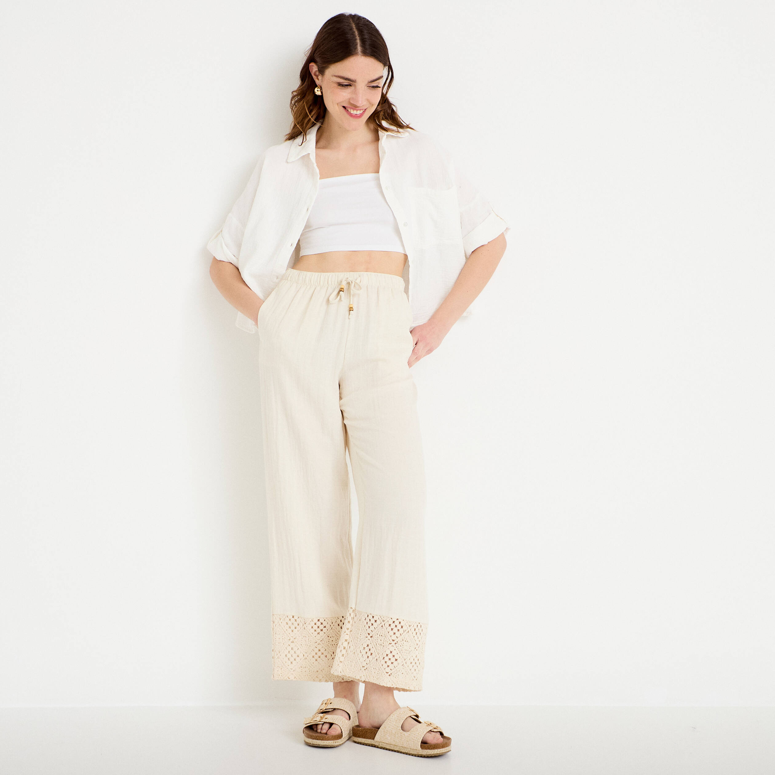 Pantalon large bi-mati&egrave;re pliss&eacute; ecru femme
