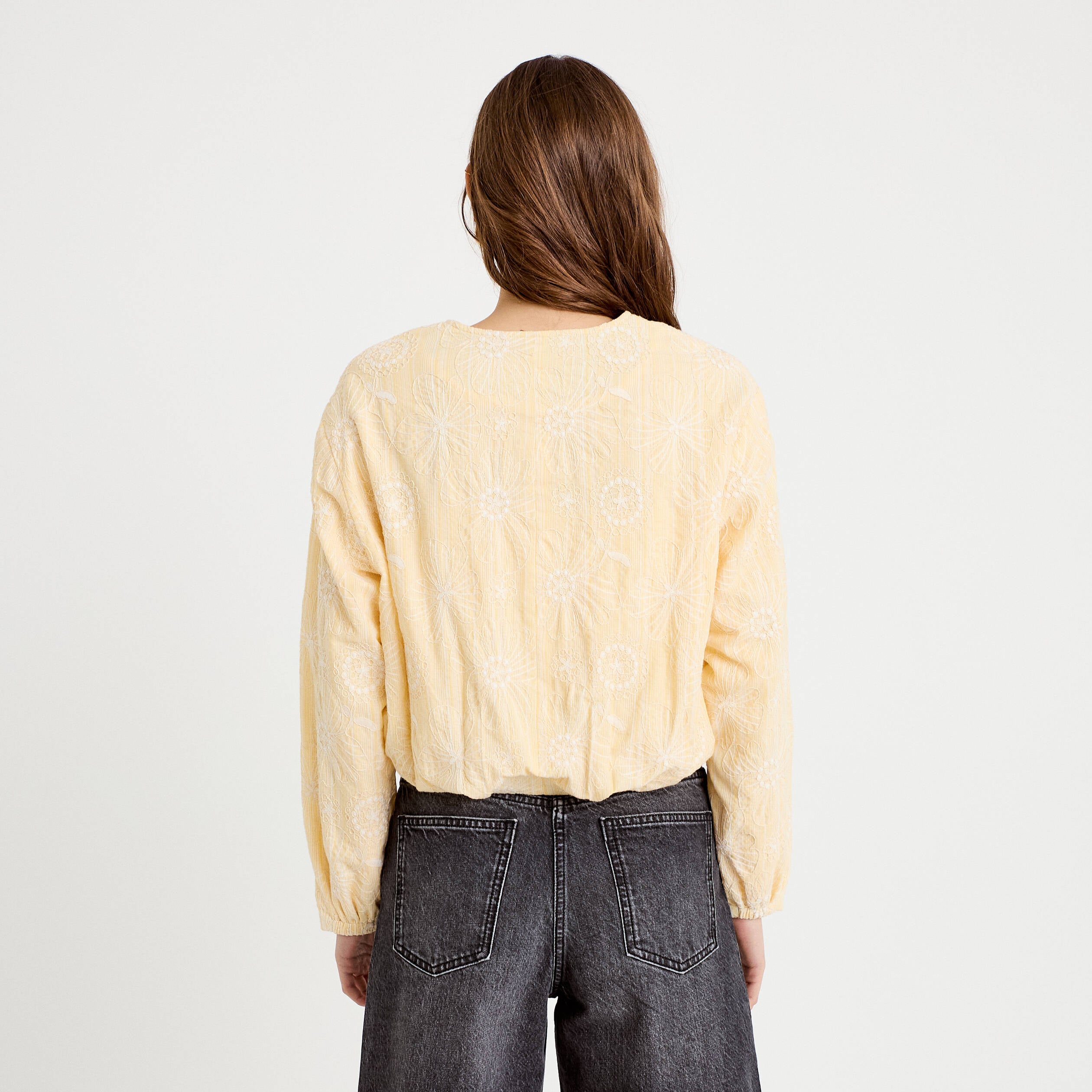 Veste cropped bas resserr&eacute; jaune clair femme