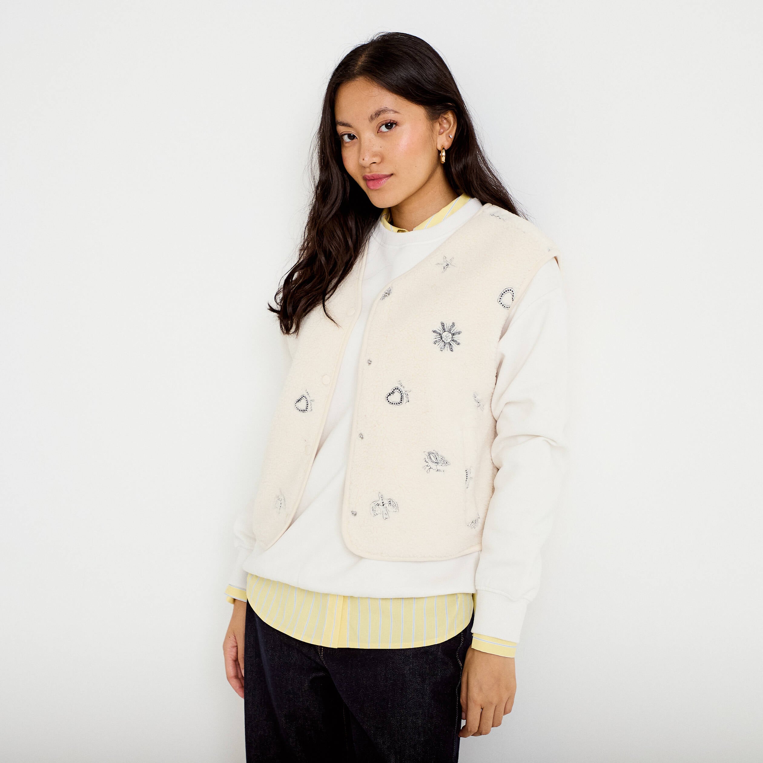 Gilet sans manches effet polaire col v ecru femme