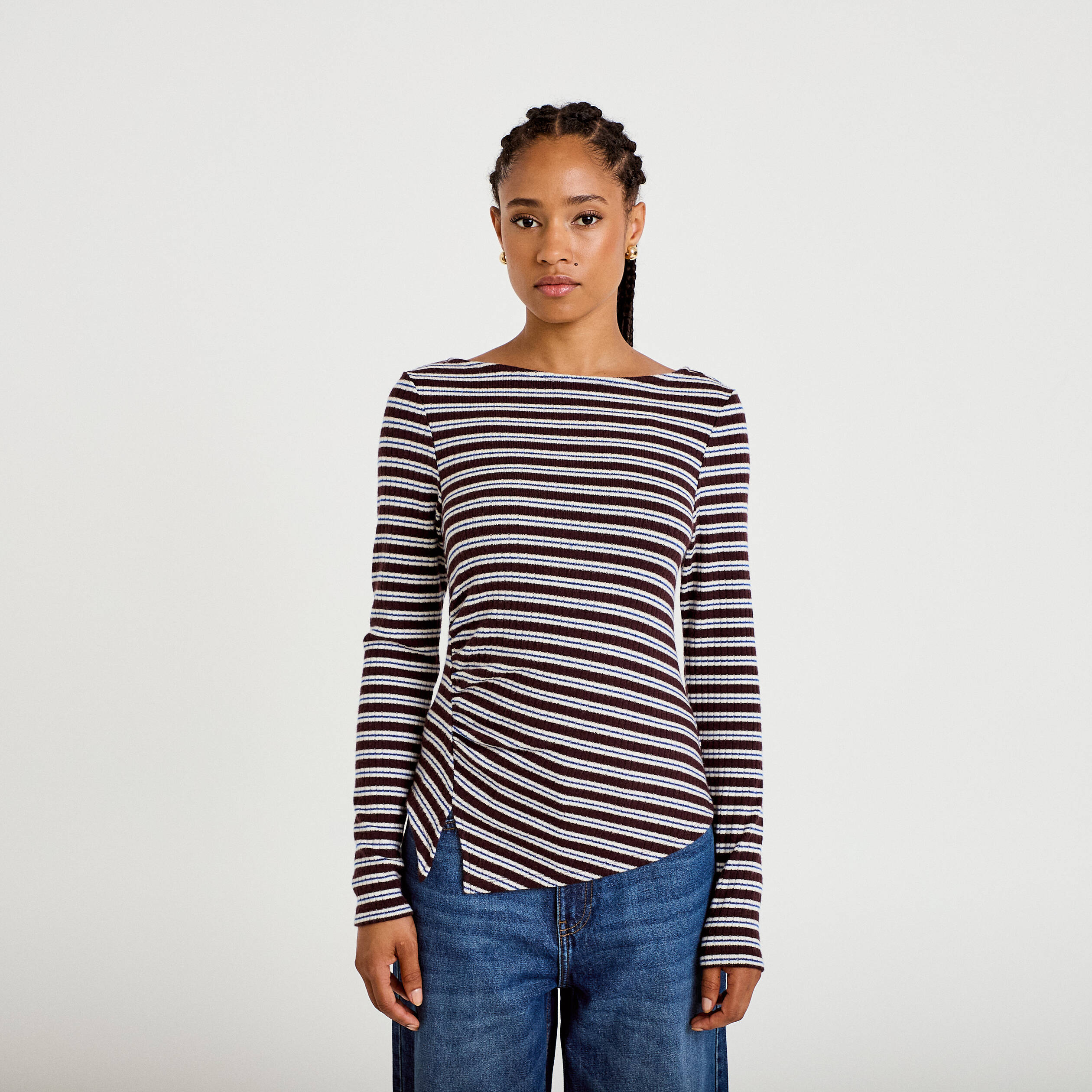 Top ajust&eacute; manches longues col rond marron femme