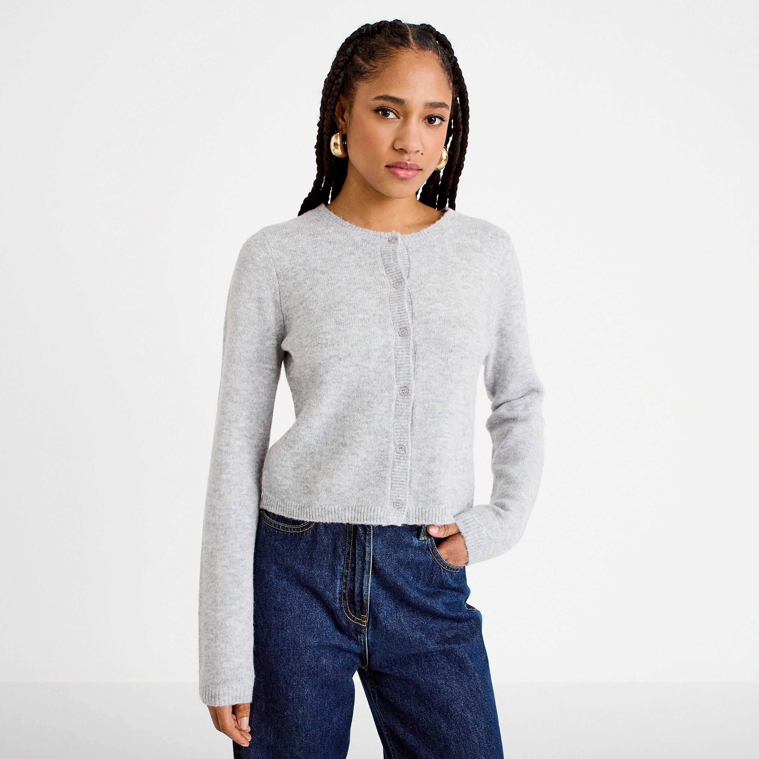 Gilet boutonn&eacute; manches longues gris fonc&eacute; femme