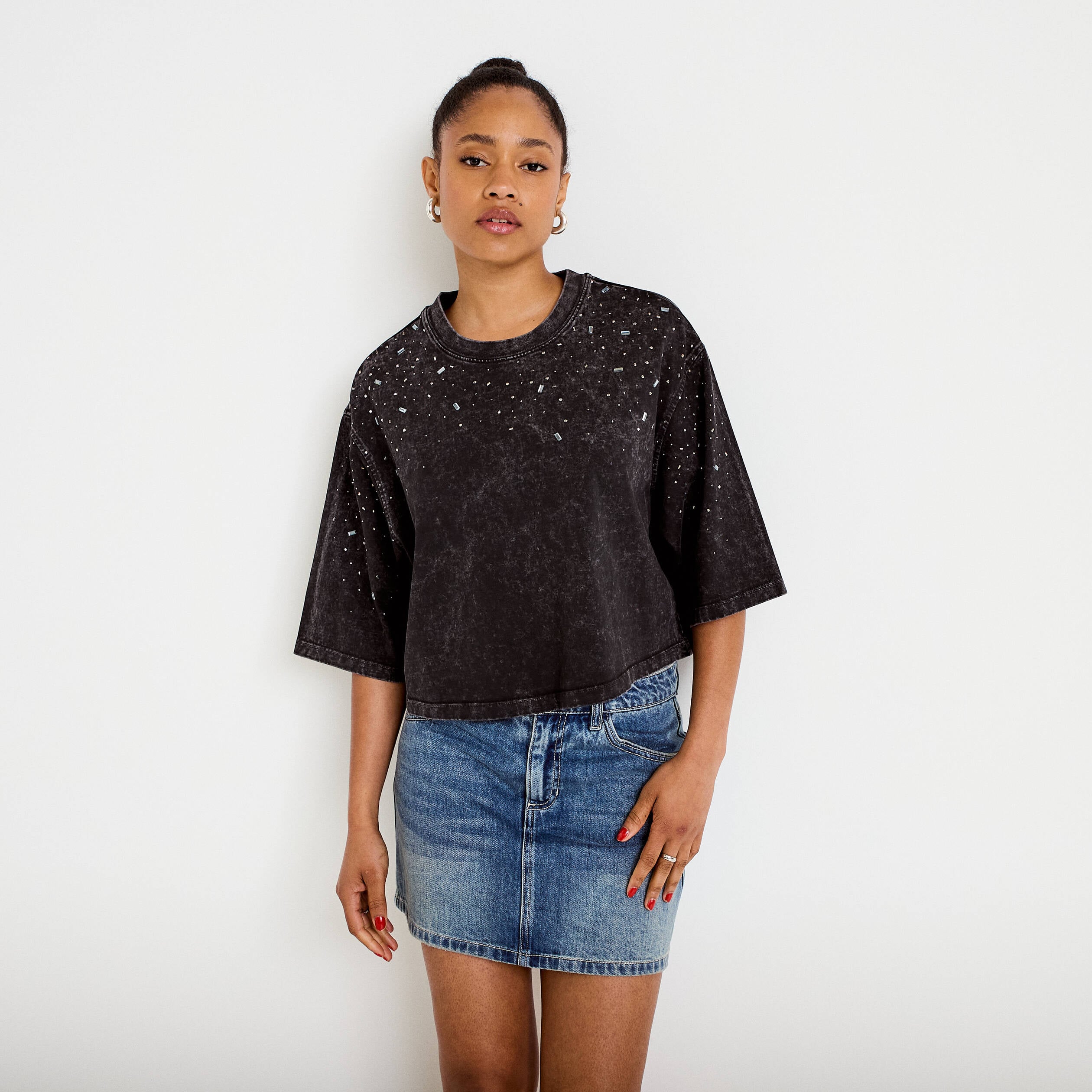 Jupe-short droite en jean denim double stone femme