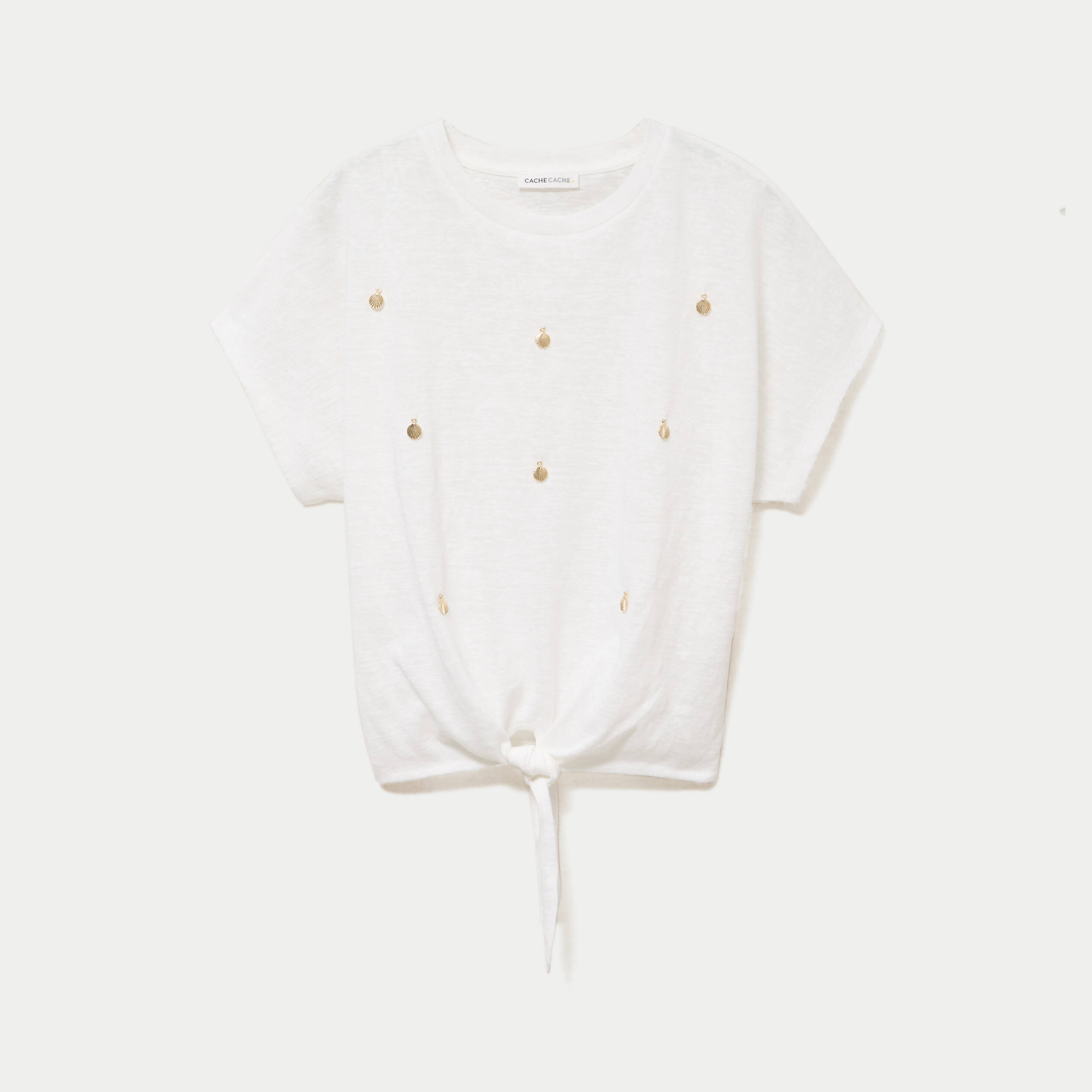 T-shirt col rond manches courtes noeuds ecru femme