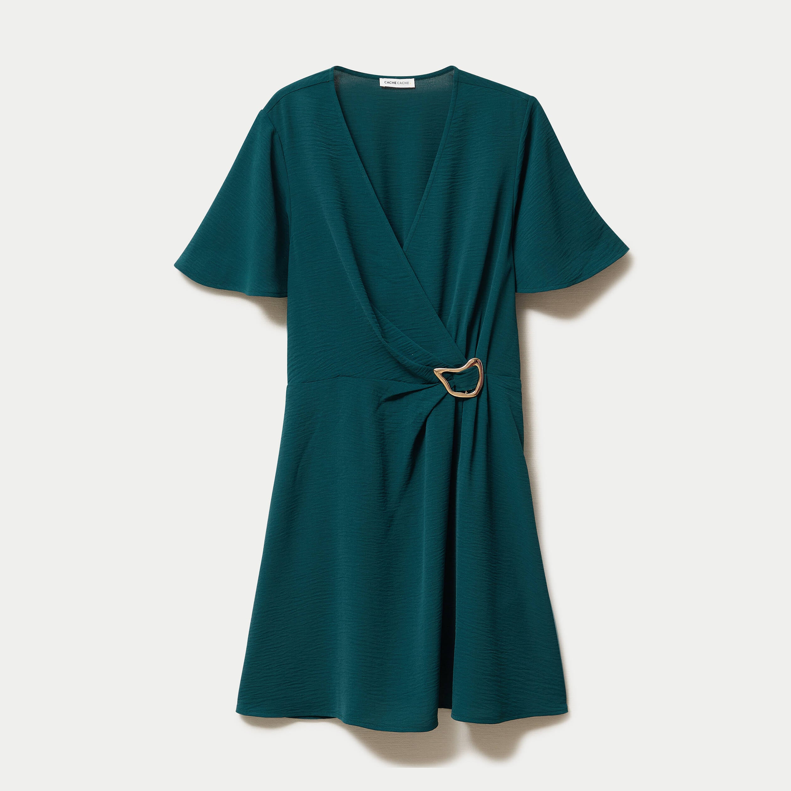 Robe courte &eacute;vas&eacute;e col v manches courtes vert fonc&eacute; femme