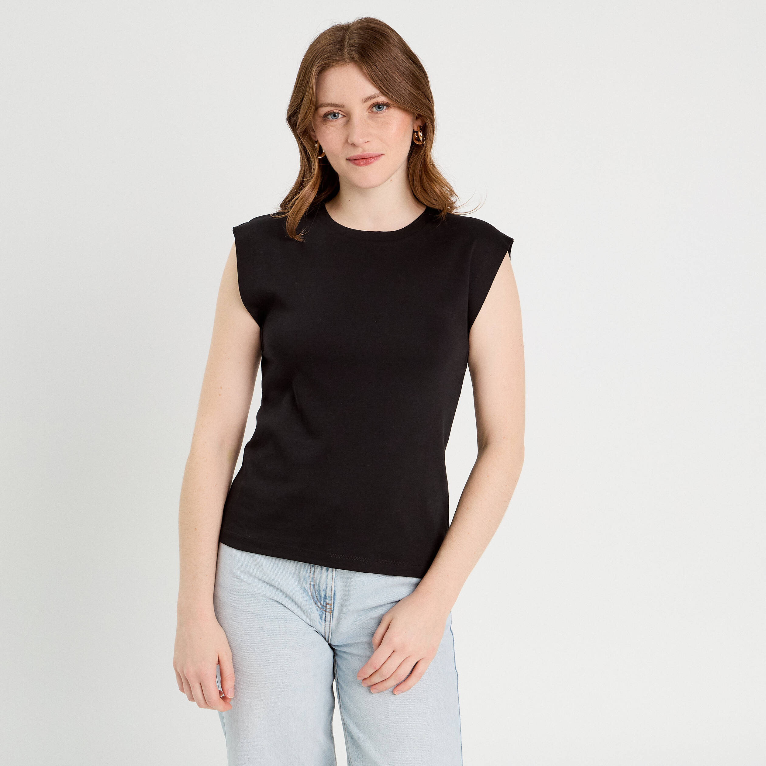 T-shirt col rond sans manches noir femme