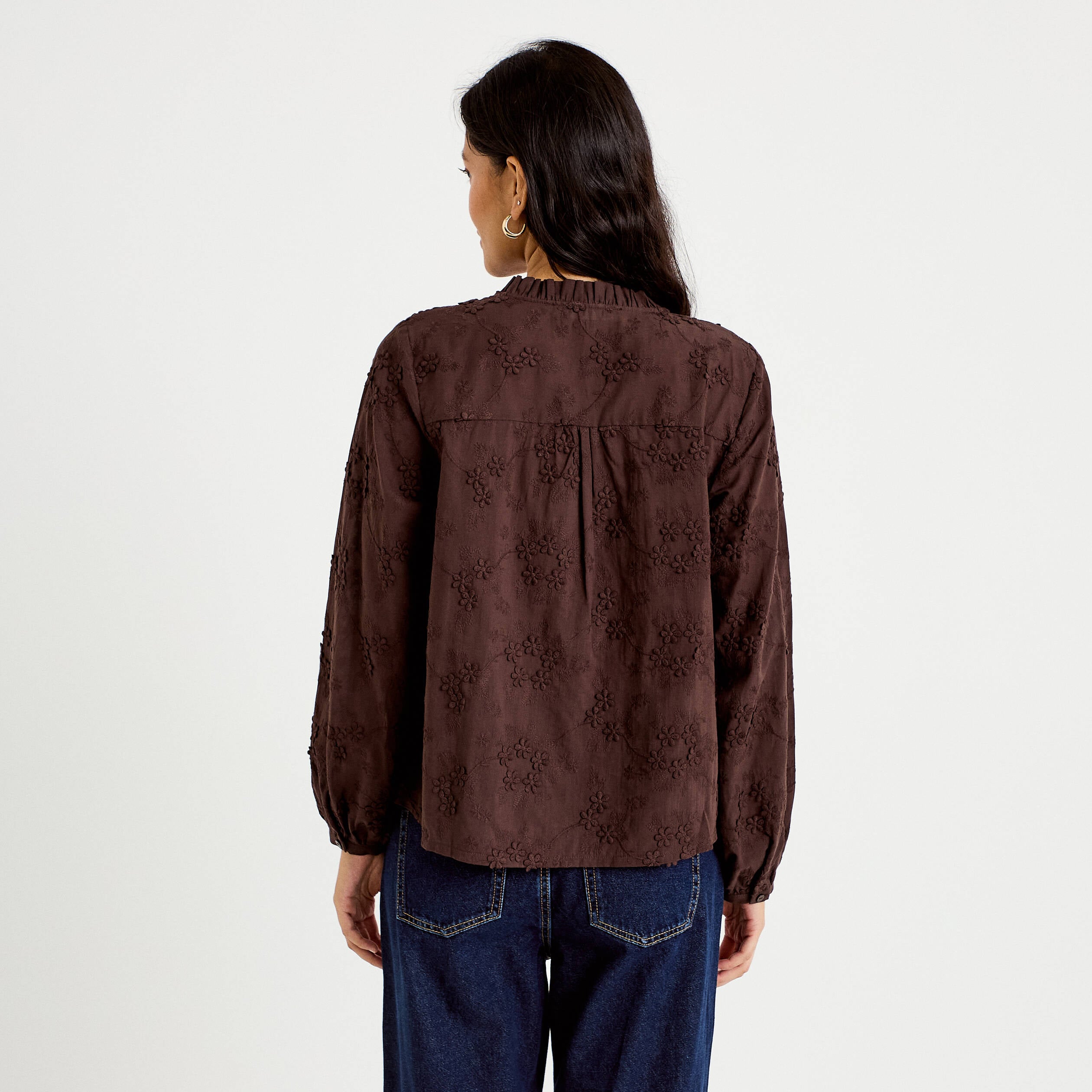 Blouse droite col rond manches longues marron fonc&eacute; femme