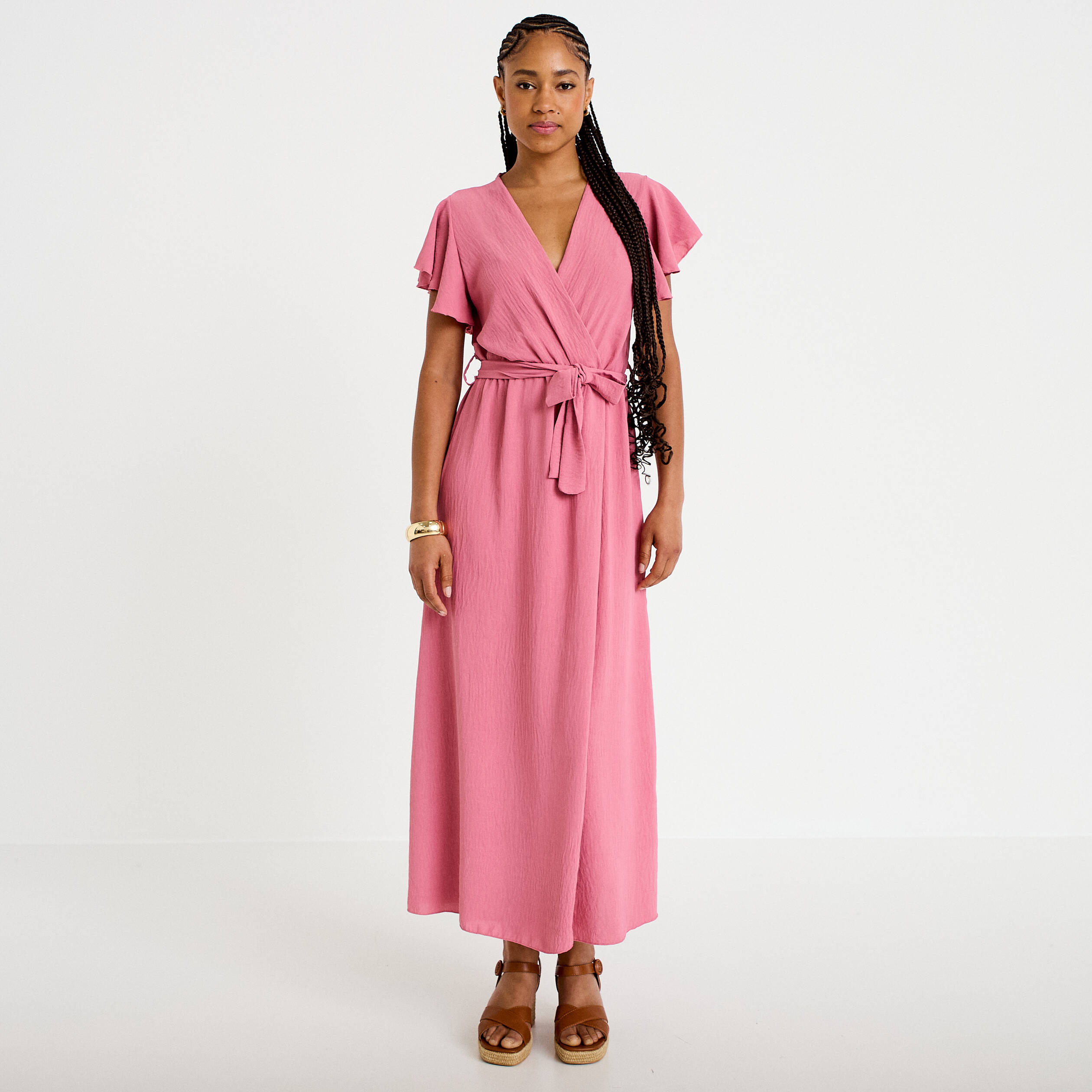 Robe longue &eacute;vas&eacute;e manches courtes vieux rose femme