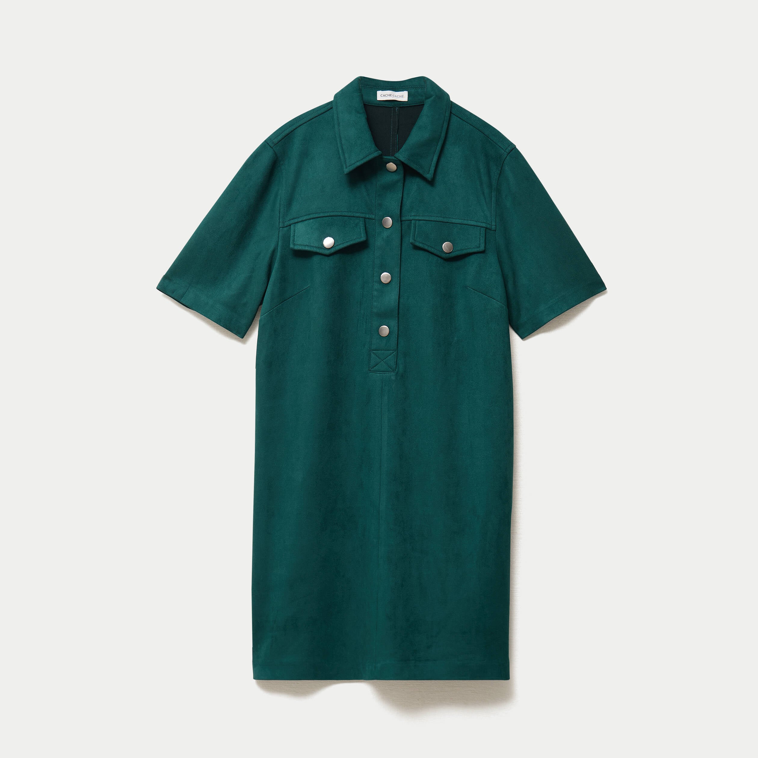 Robe droite 3/4 manches courtes daim vert fonc&eacute; femme