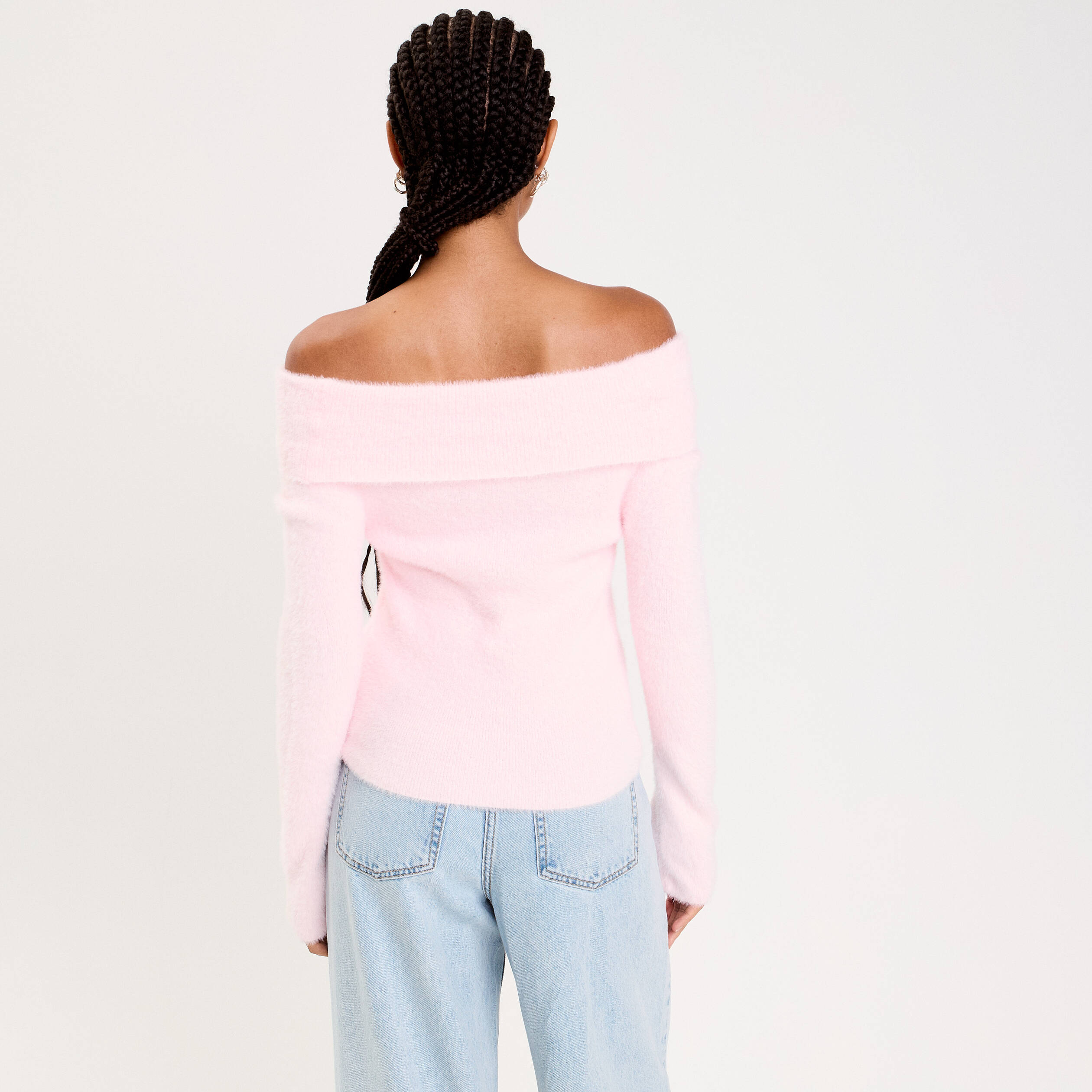 Pull ajust&eacute; col bardot manches longues rose clair femme