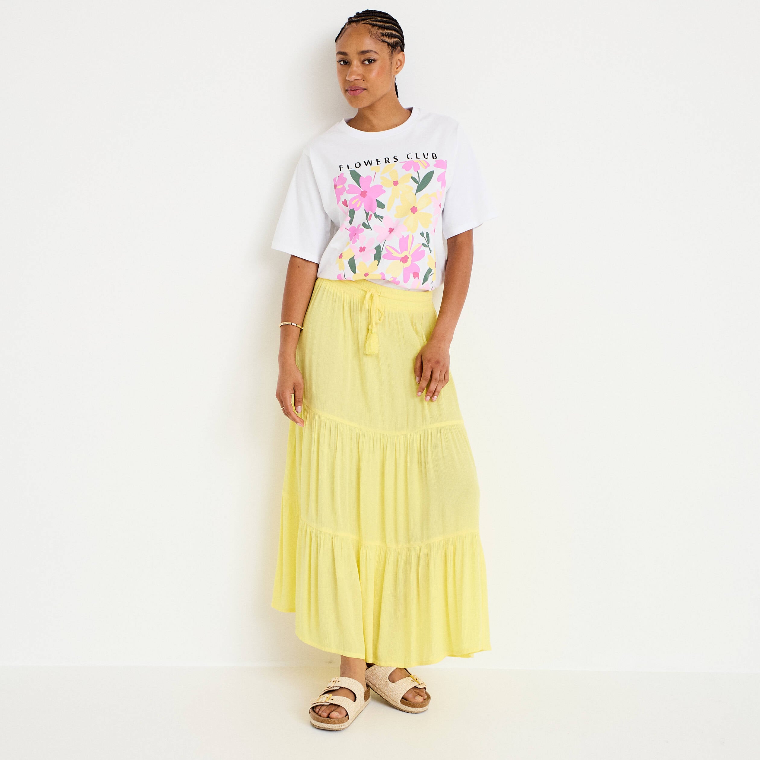 Jupe longue pliss&eacute;e &eacute;vas&eacute;e jaune pastel femme