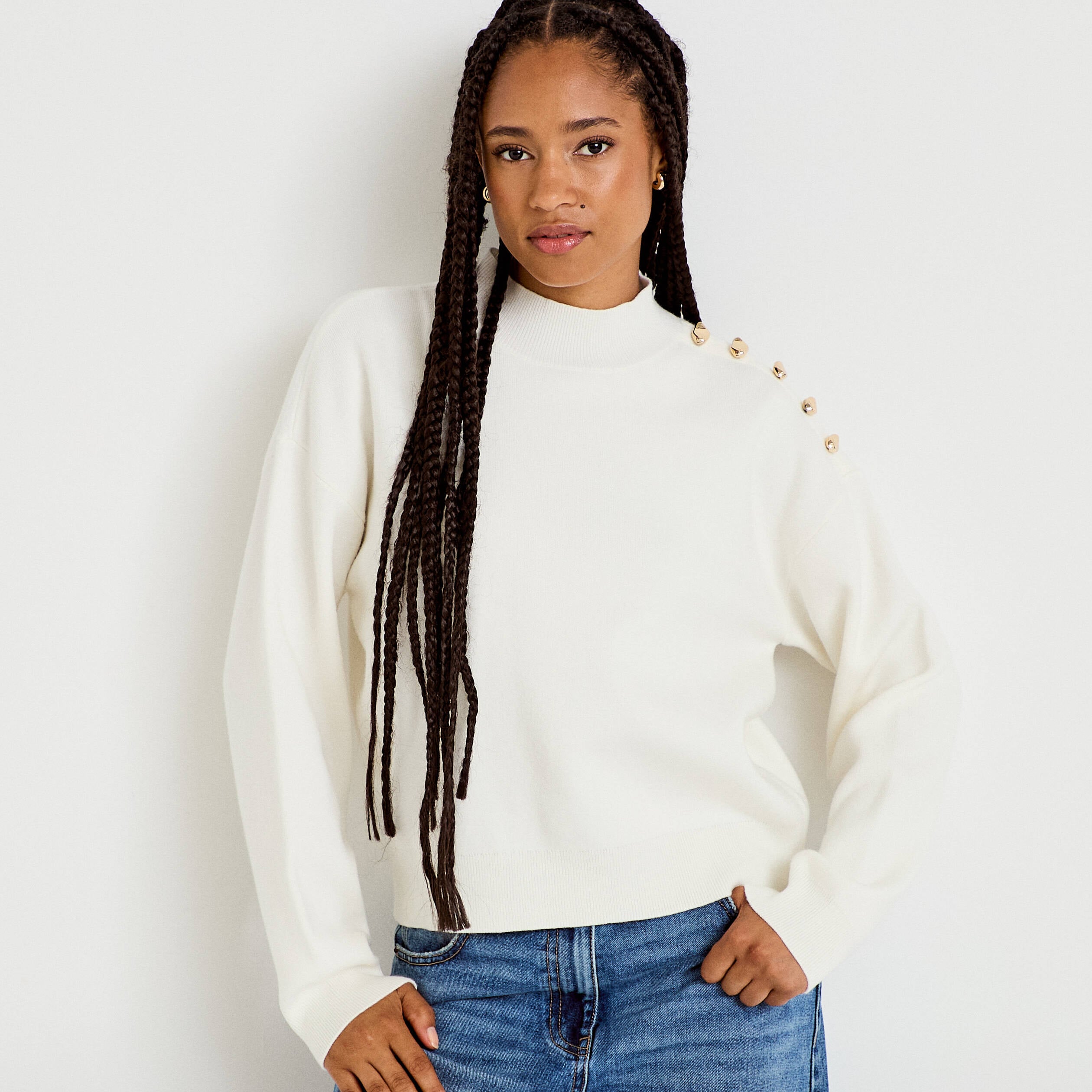 Pull col montant manches longues ecru femme