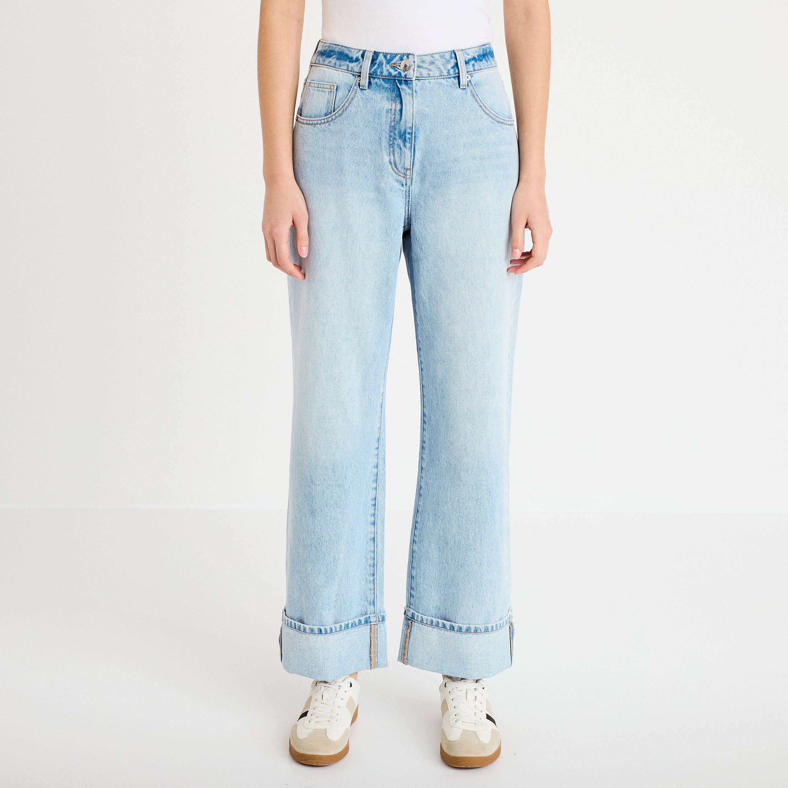 Jeans droit &agrave; revers denim triple stone femme