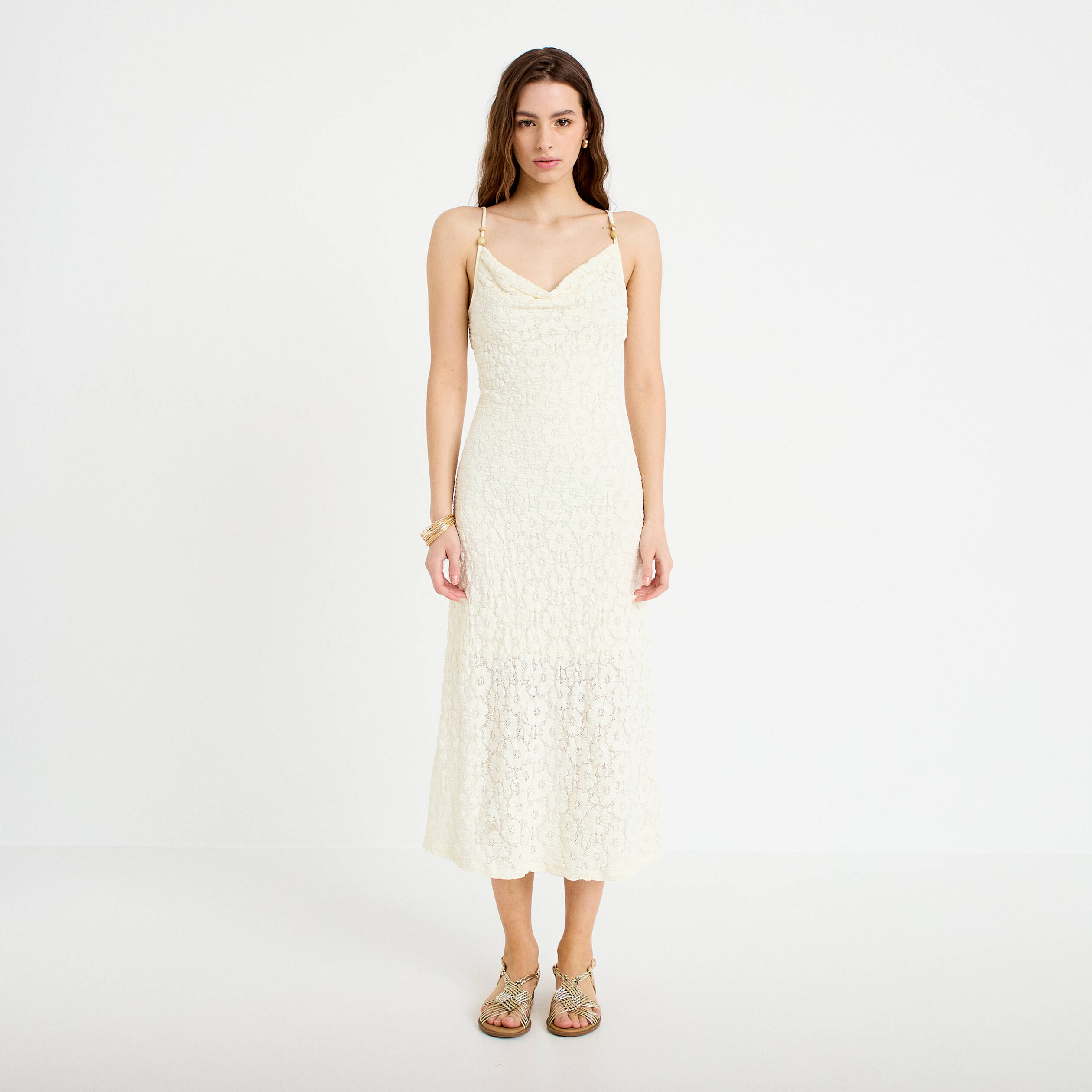 Robe longue droite en maille ecru femme