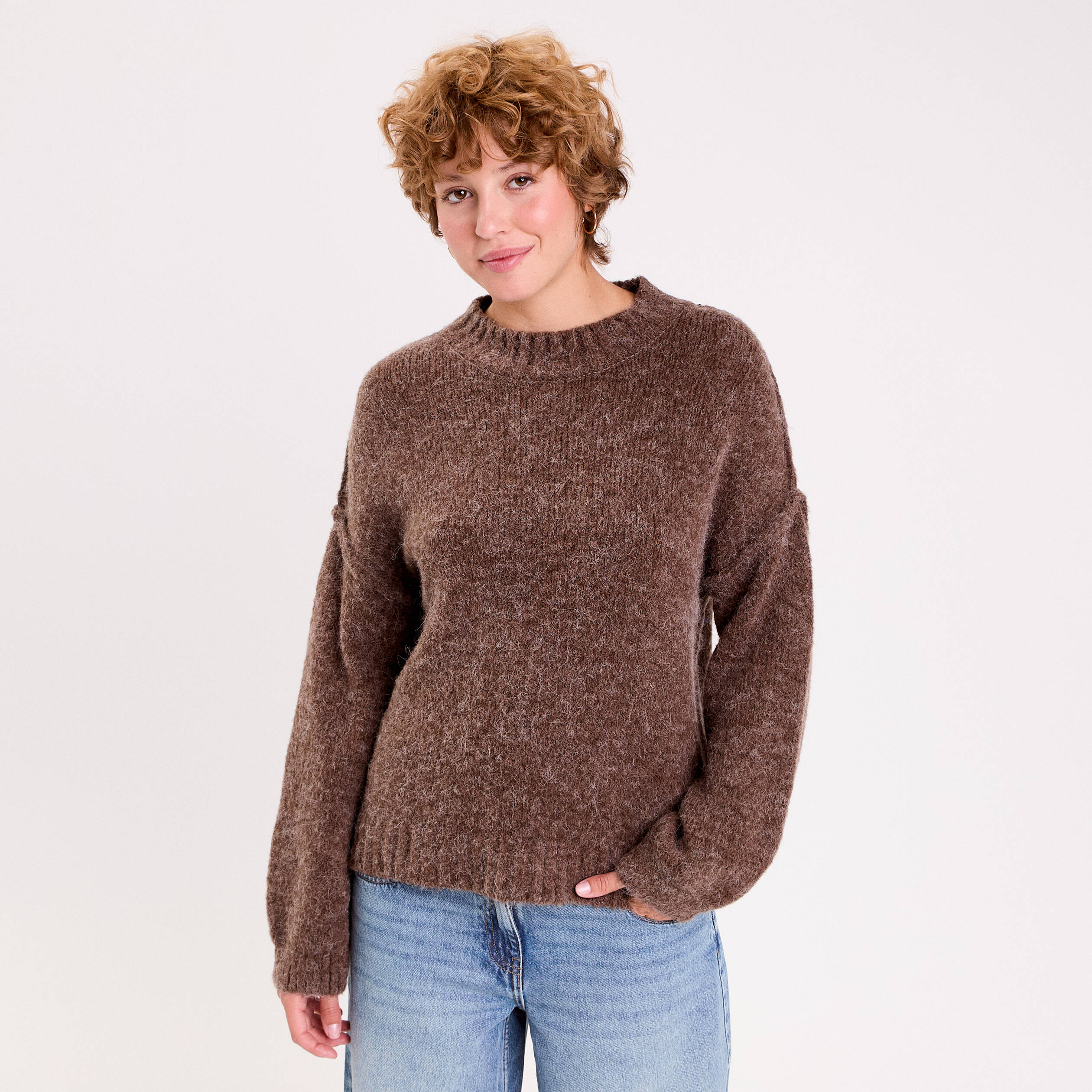 Pull oversize col rond manches longues marron clair femme