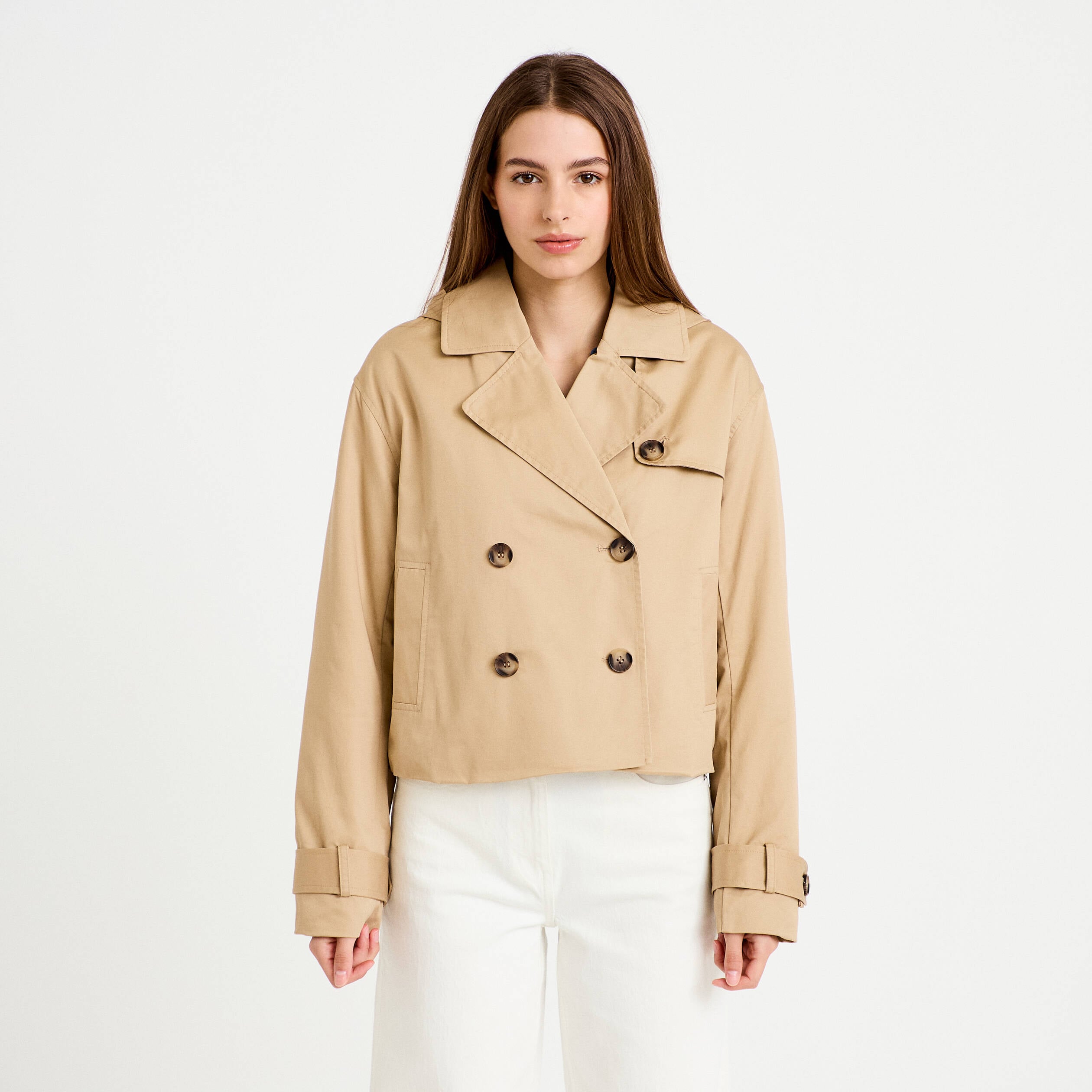 Trench droit court &agrave; capuche amovible beige femme