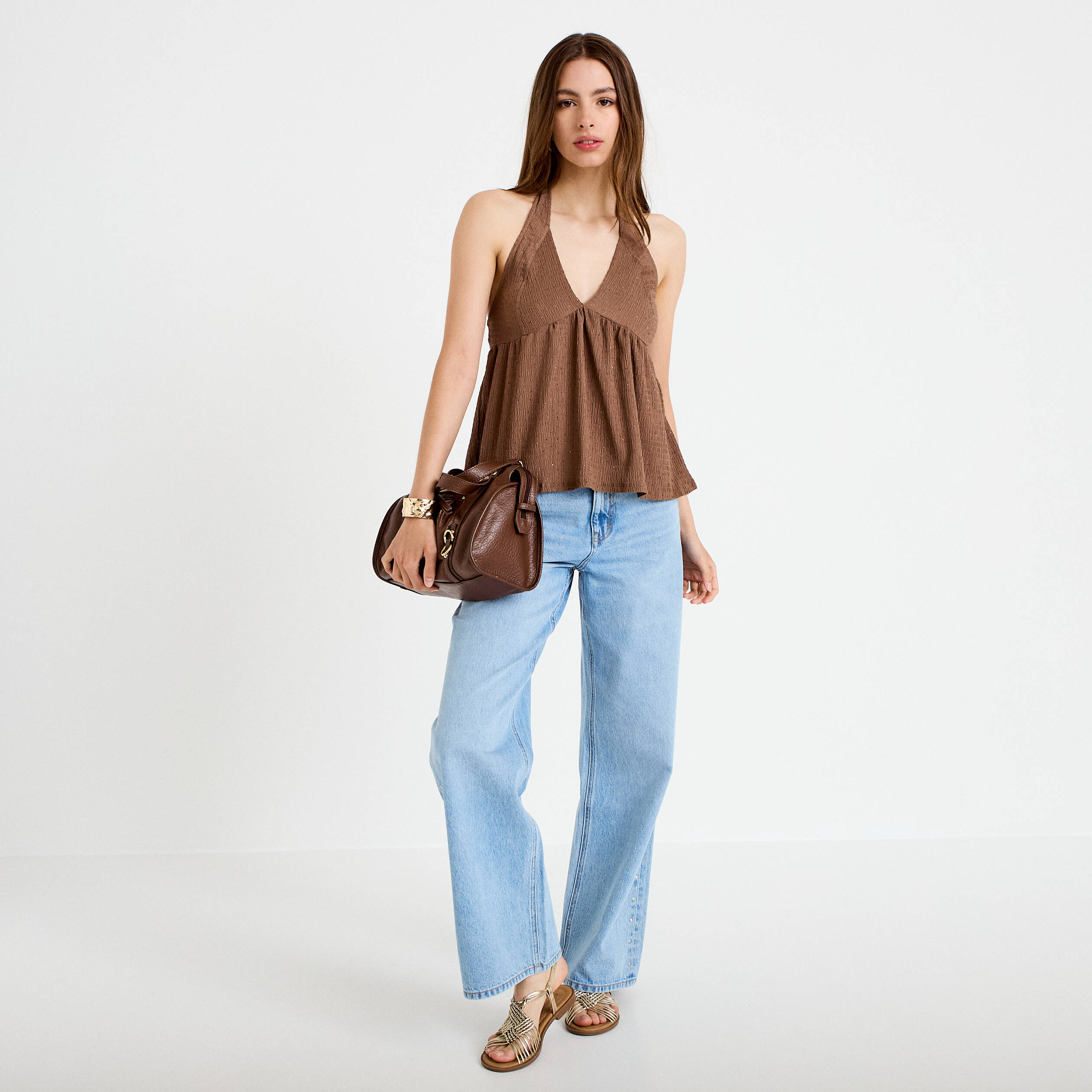 Top d&eacute;collet&eacute; sans manches pliss&eacute; marron fonc&eacute; femme