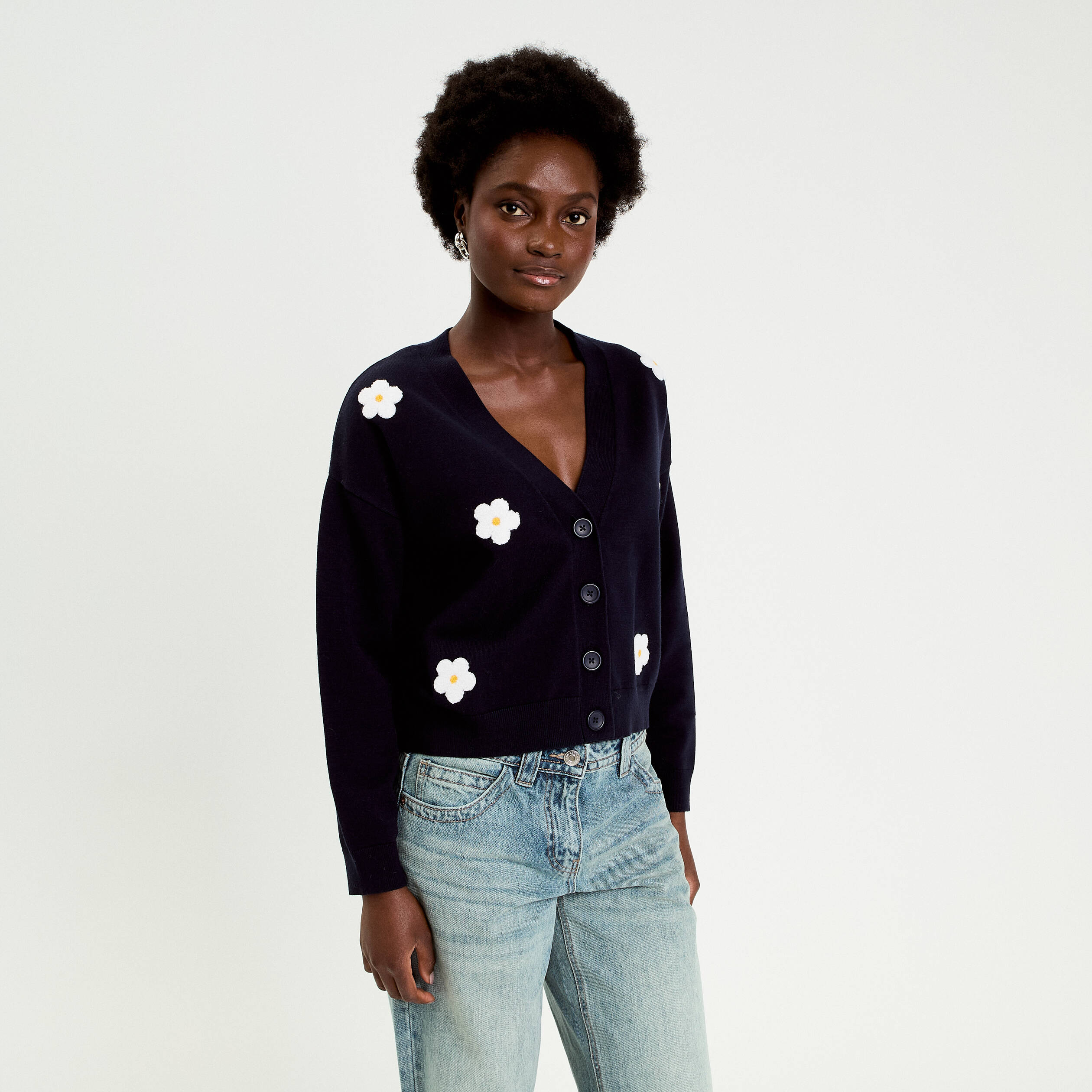 Gilet brod&eacute; col v bleu marine femme