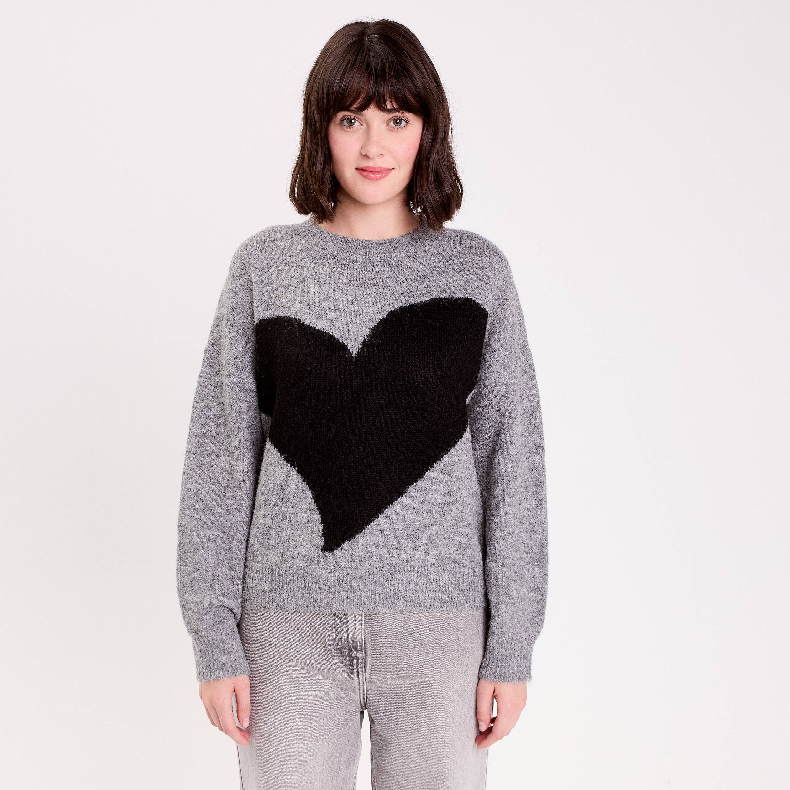 Pull col rond manches longues gris fonc&eacute; femme