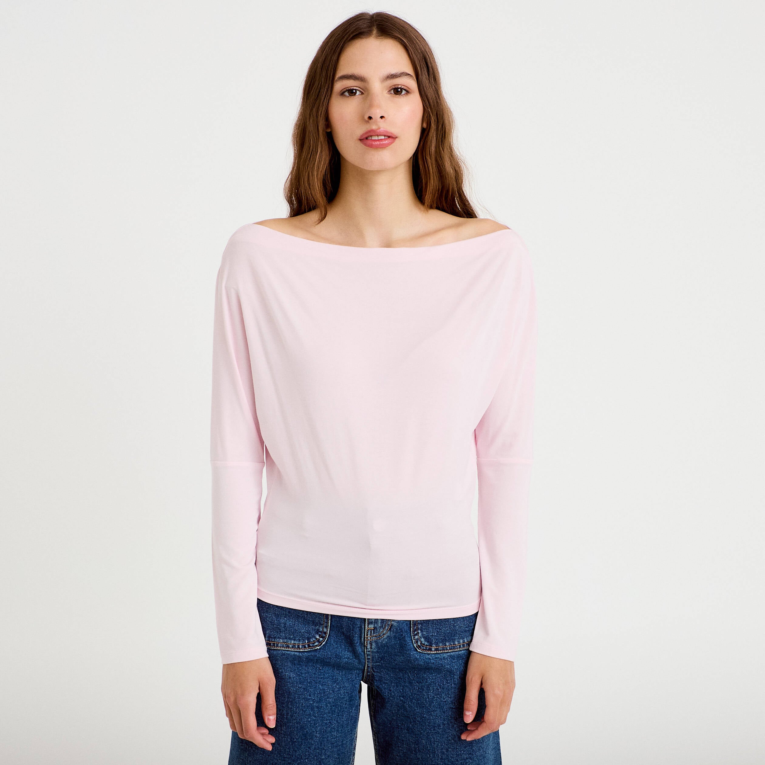 T-shirt col bateau manches longues rose clair femme
