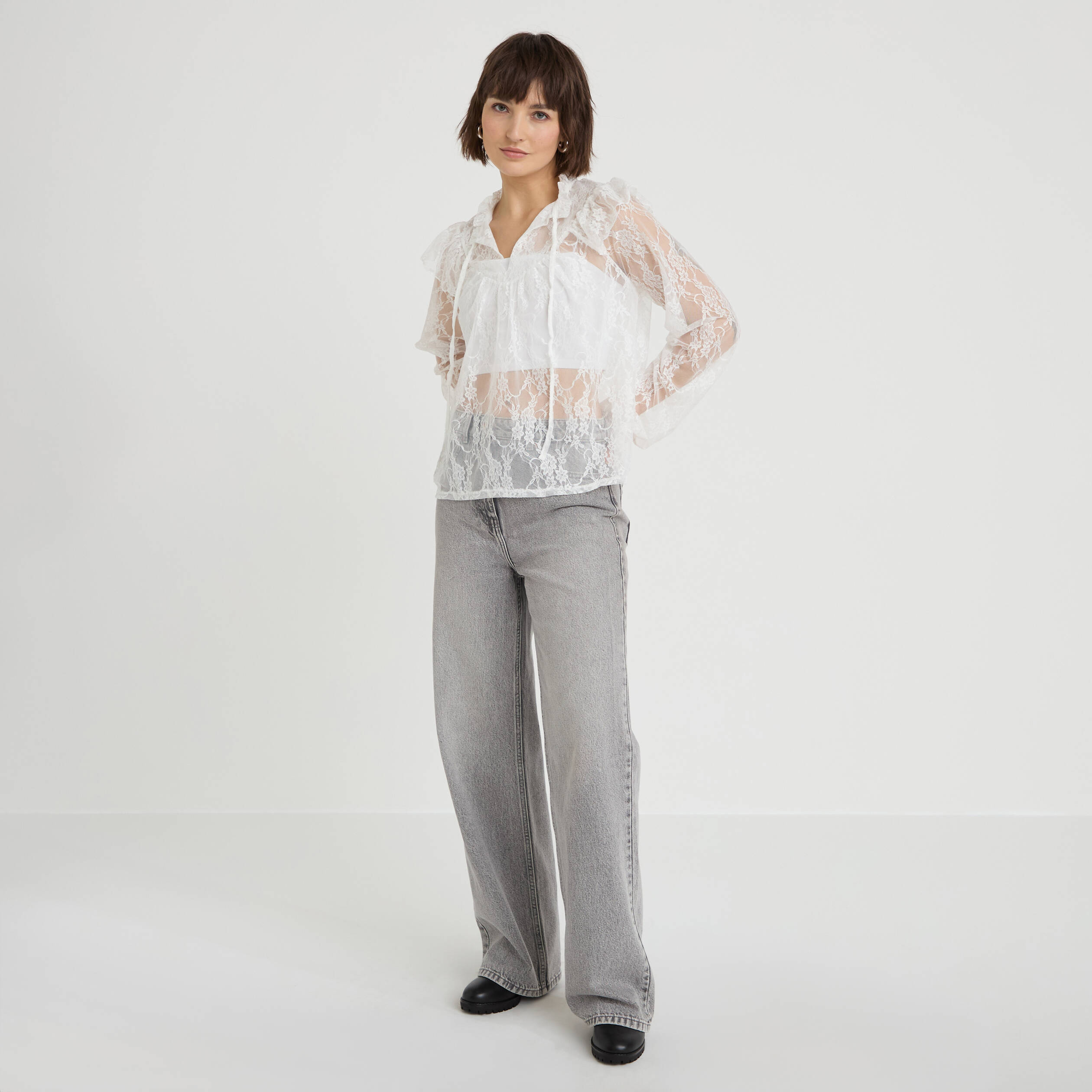 Blouse col rond manches longues dentelle ecru femme