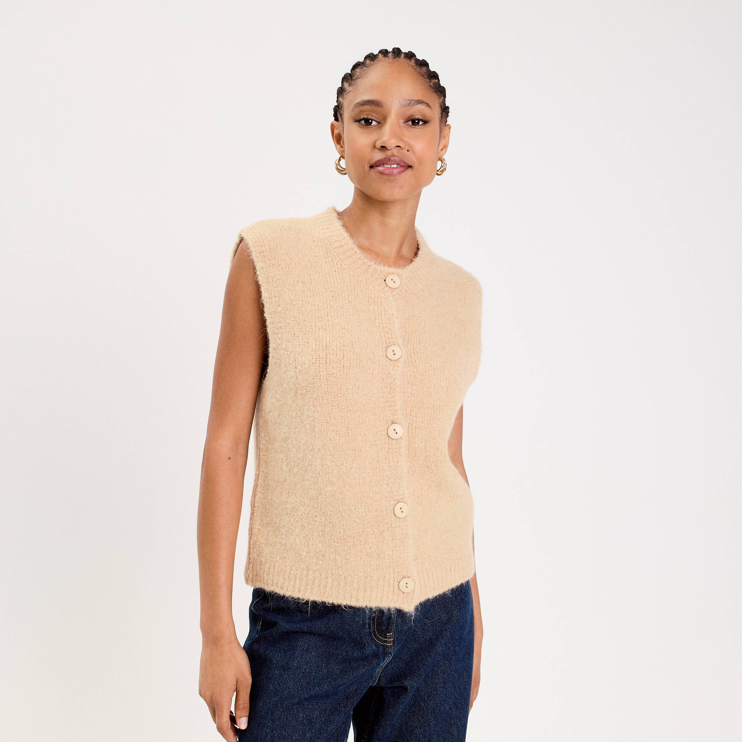 Gilet sans manches col rond beige femme