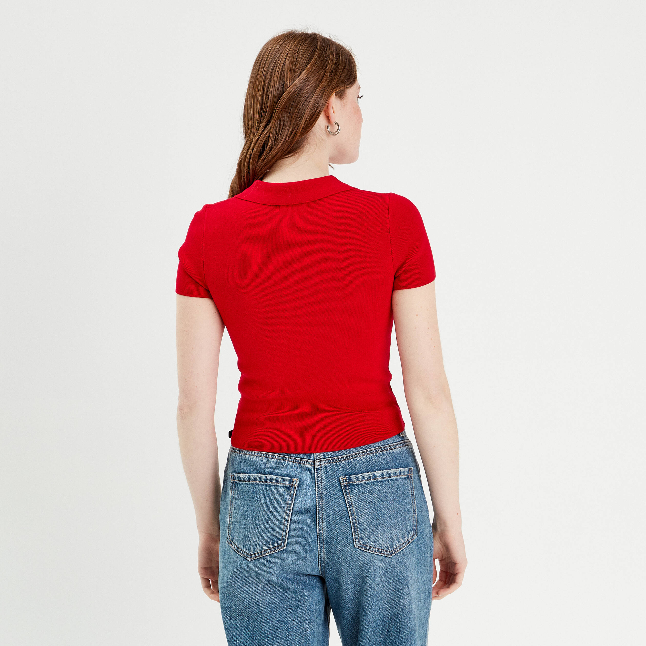 T-shirt manches courtes col polo rouge femme
