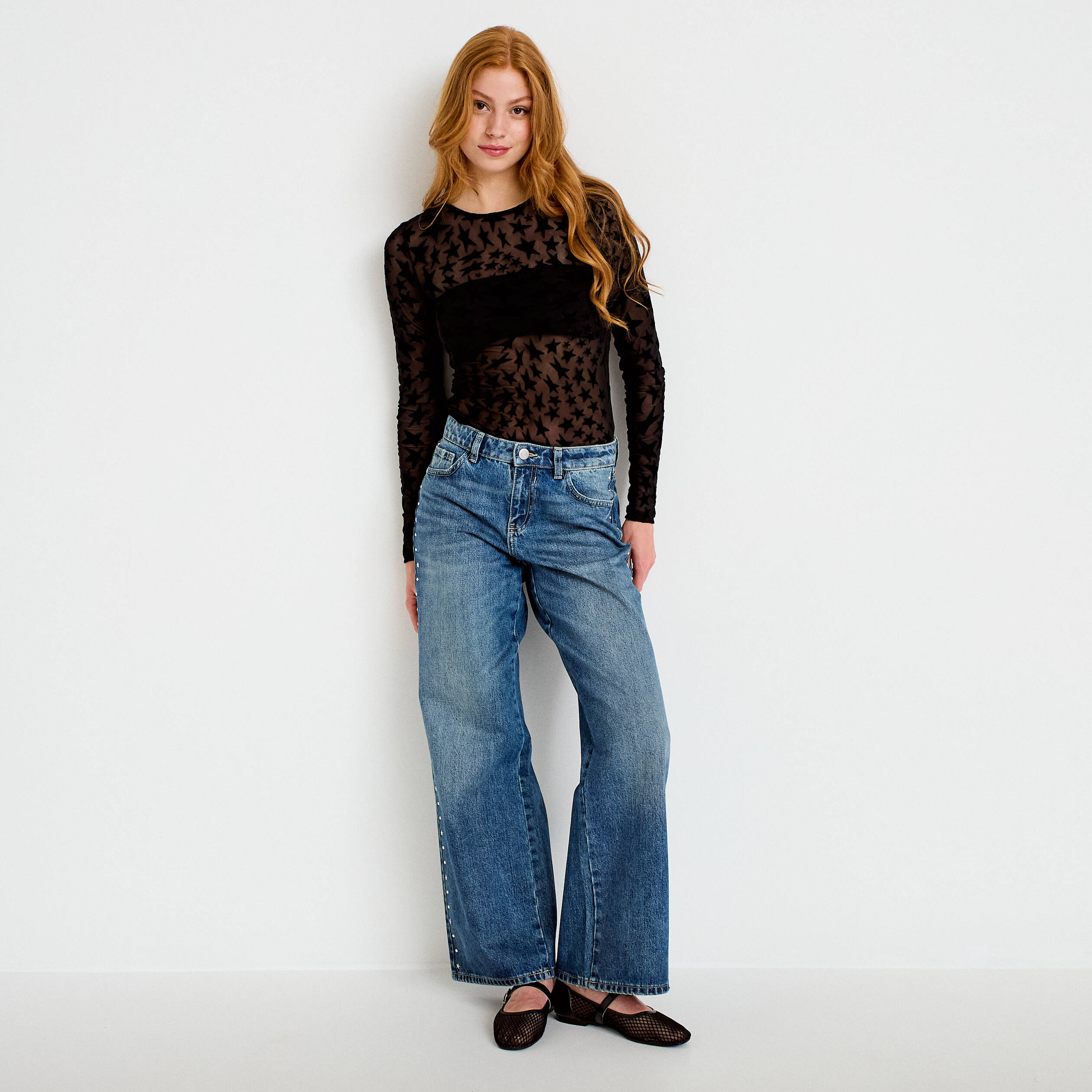 Jean wide leg taille basse denim double stone femme