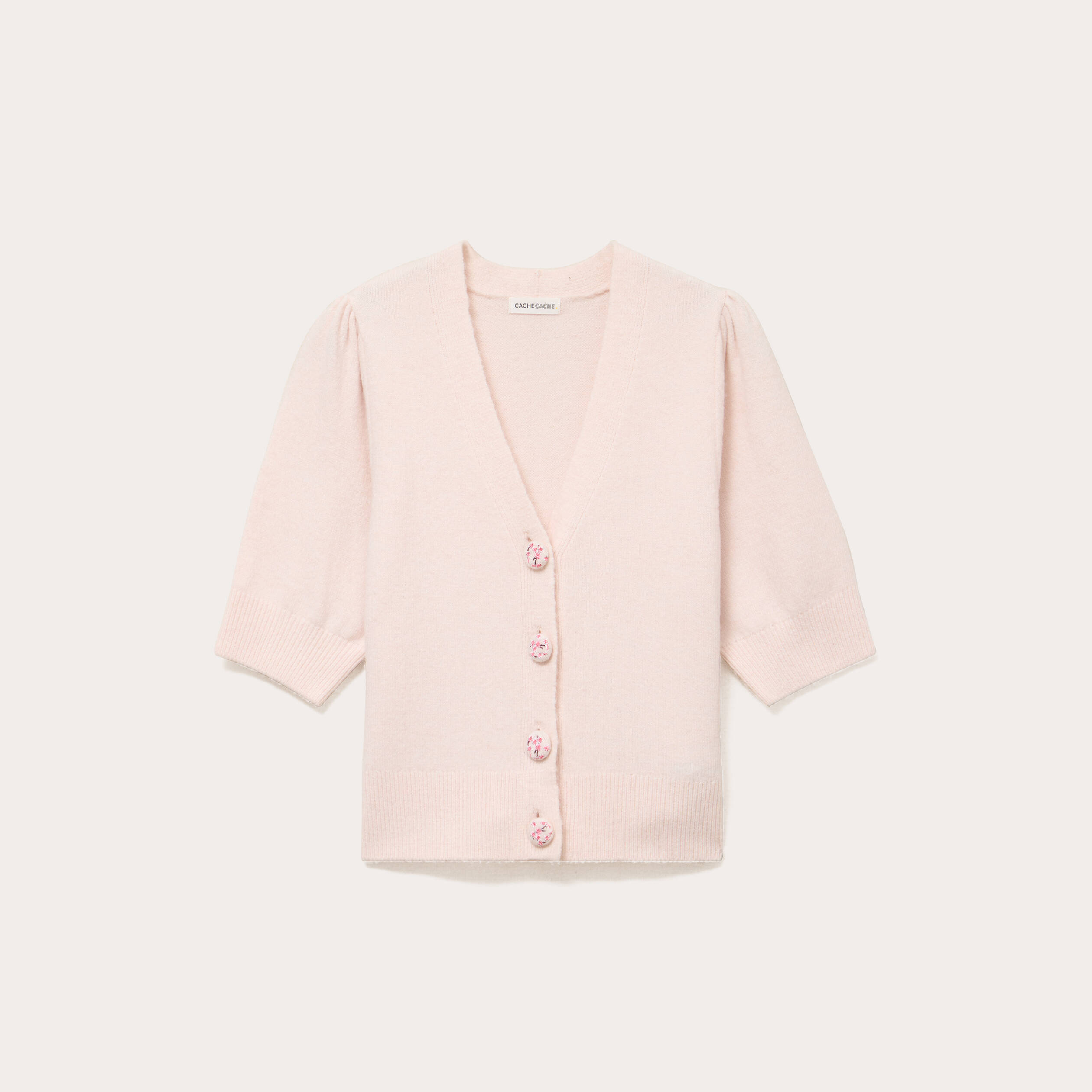 Pull manches courtes boutons brod&eacute;s rose clair femme