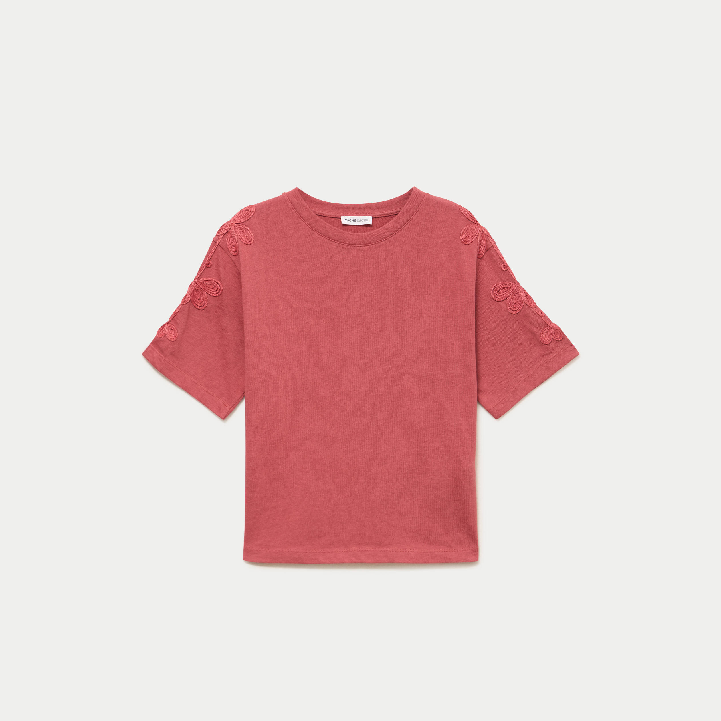 T-shirt col rond manches courtes brod&eacute; vieux rose femme